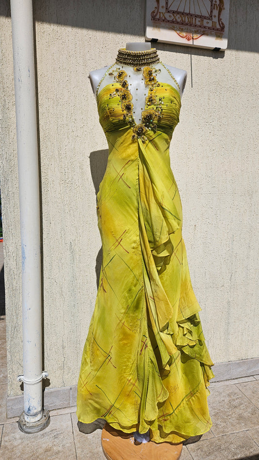 Robe jaune en soie brodée Fayazi