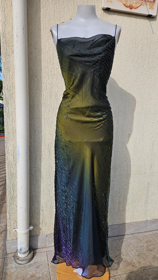 Vintage Y2K iridescent mesh gown, green to purple gradient with intricate beaded lines. Cowl neck, spaghetti straps. Fairycore, cyber aesthetic. Perfect for prom.