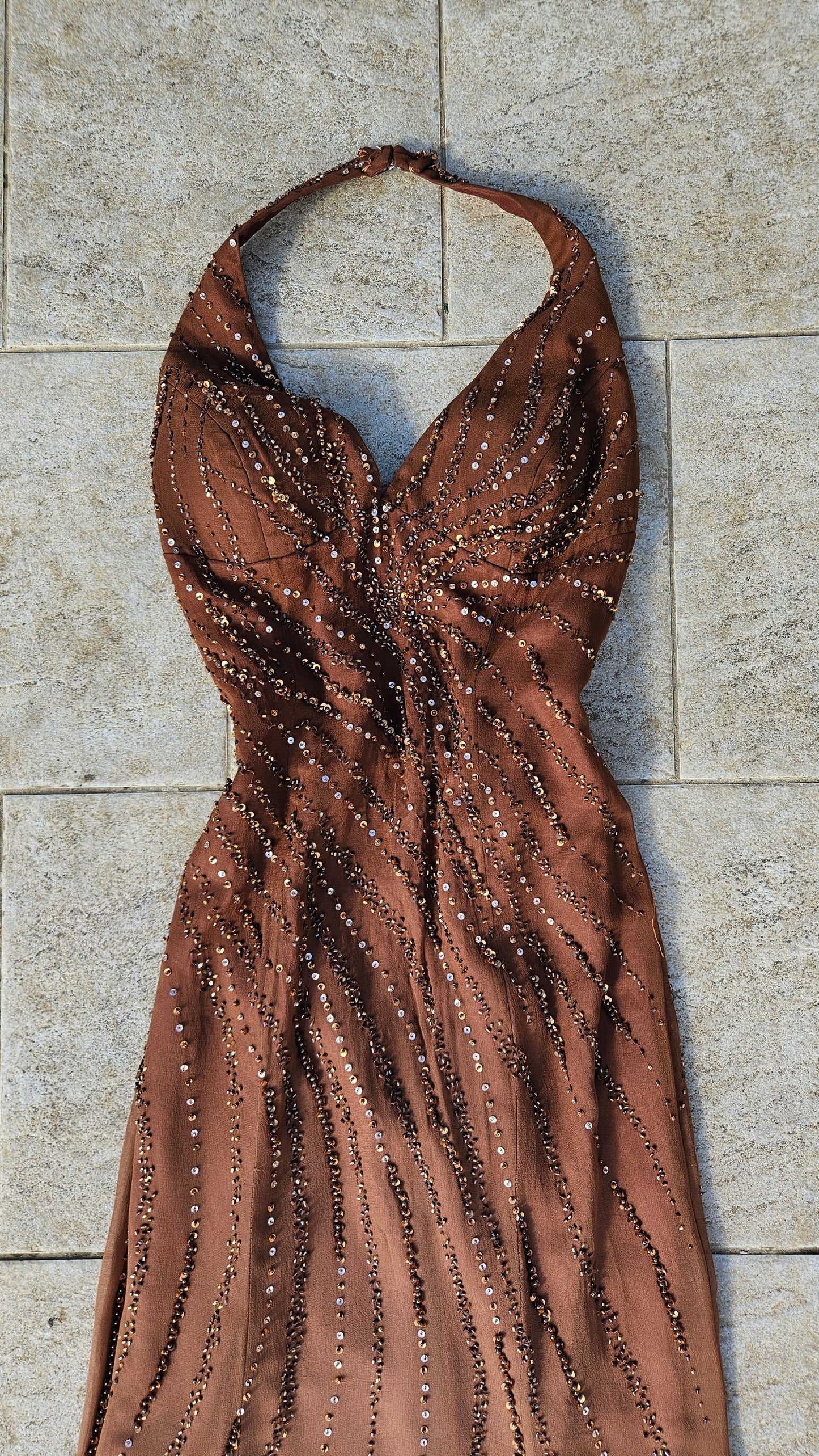 Vestido de seda degradado marrón y beige