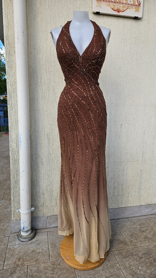 Y2K vintage terracotta brown halter gown with intricate bronze sequin bead detail. Aesthetic chiffon overlay prom dress. Perfect Pinterest outfit inspo.