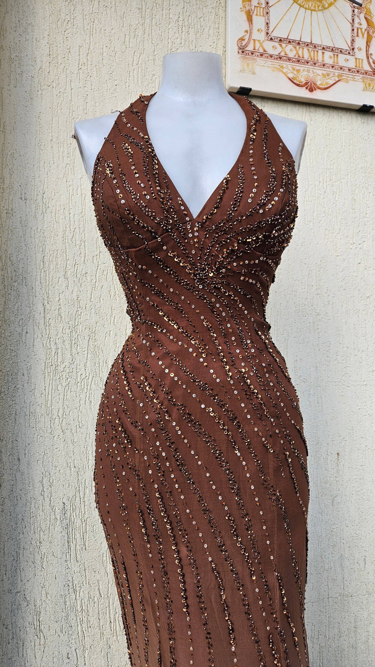 Vestido de seda degradado marrón y beige