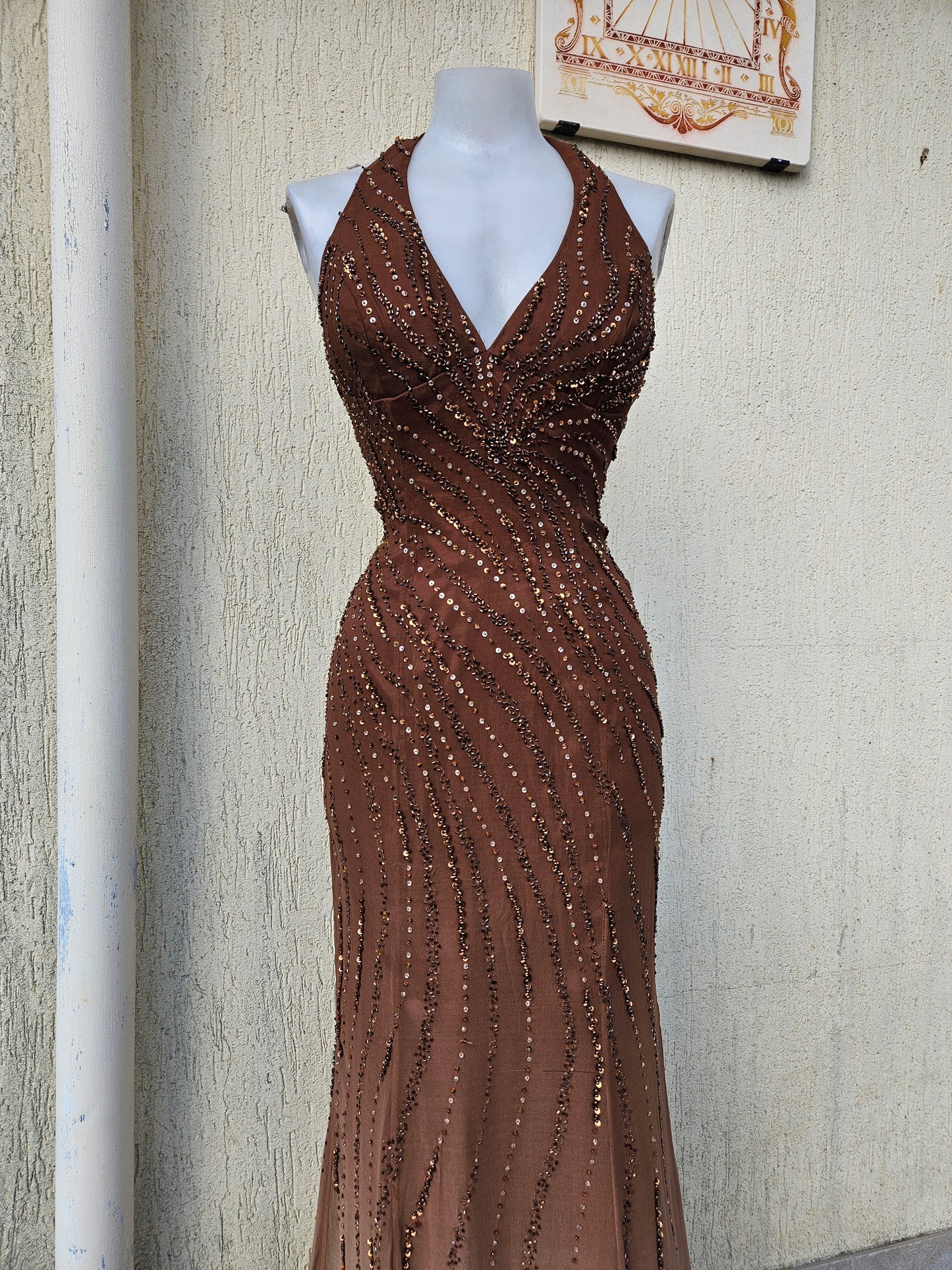 Vestido de seda degradado marrón y beige