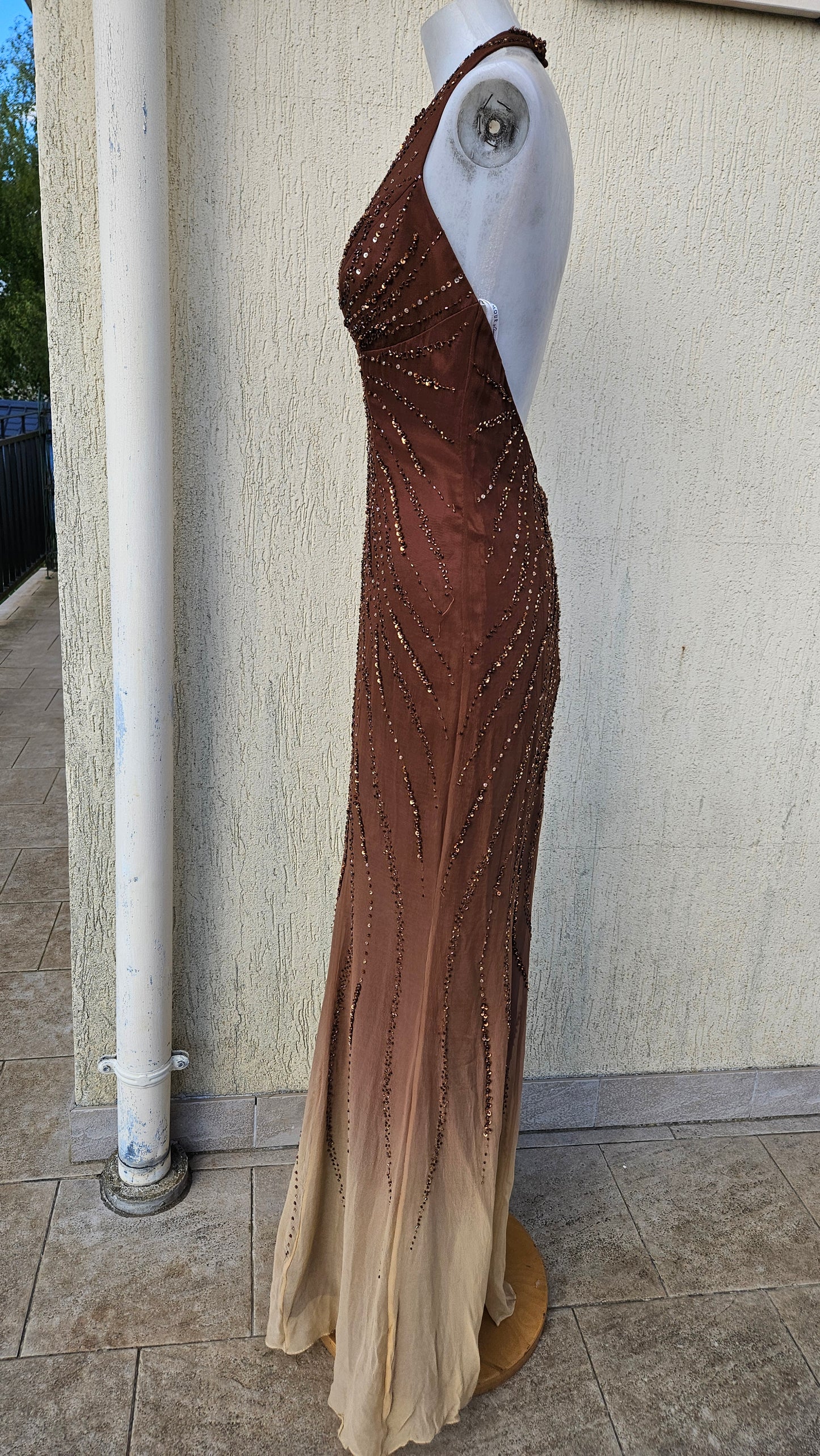 Vestido de seda degradado marrón y beige