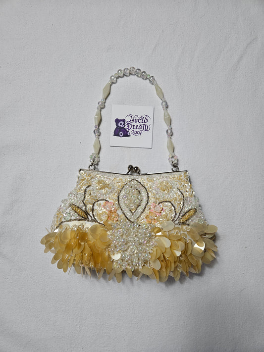 Vintage Y2K cream beaded handbag. Intricate floral embroidery with pearls, gold sequins & chunky petal ruffles. Beaded top handle. Coquette fairy core.