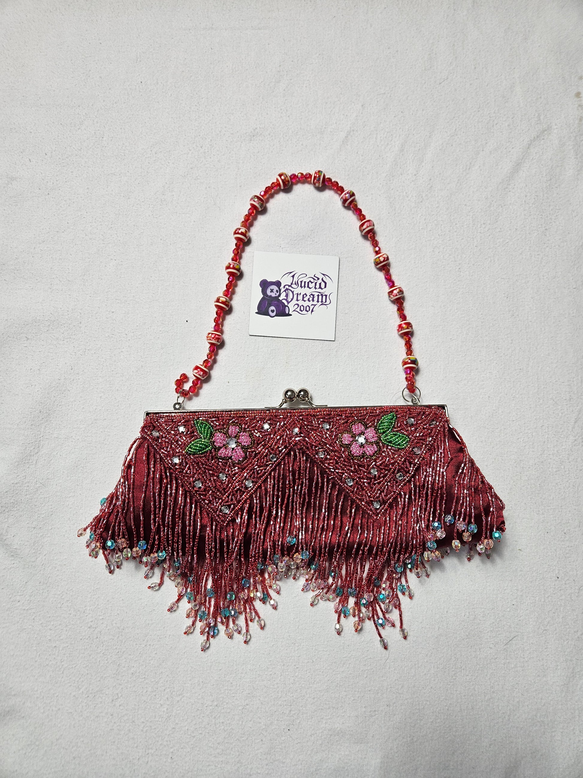 Y2K vintage burgundy beaded fringe purse with kiss lock. 90s fairycore grunge floral embroidery. Unique multi-color beaded chain handle.