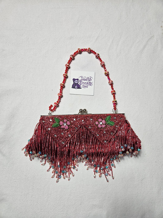 Y2K vintage burgundy beaded fringe purse with kiss lock. 90s fairycore grunge floral embroidery. Unique multi-color beaded chain handle.