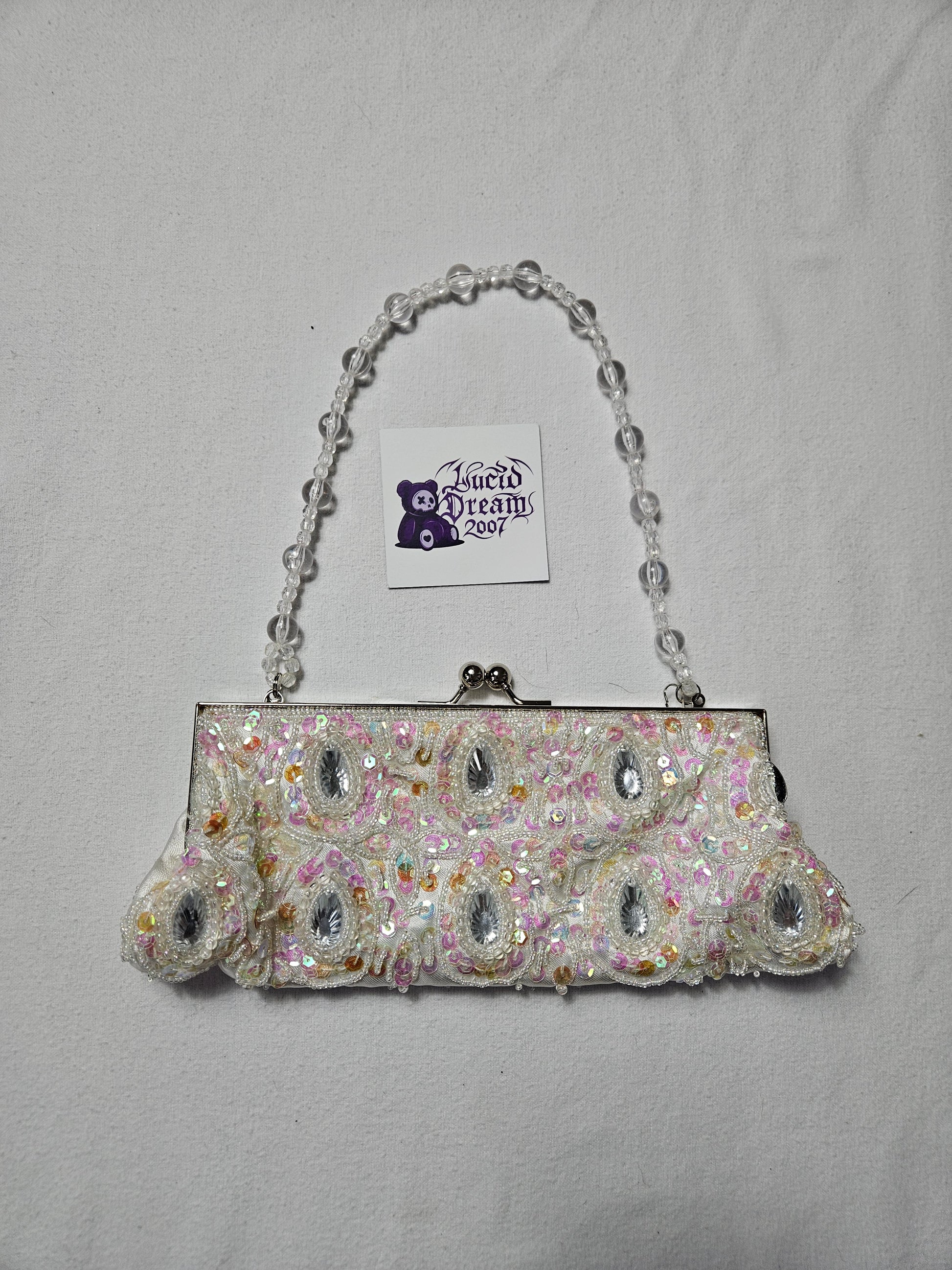 Y2K vintage iridescent white sequin beaded purse with clear bead handle. 90s fairycore princess vibe. Perfect aesthetic for coquette style and party outfits.