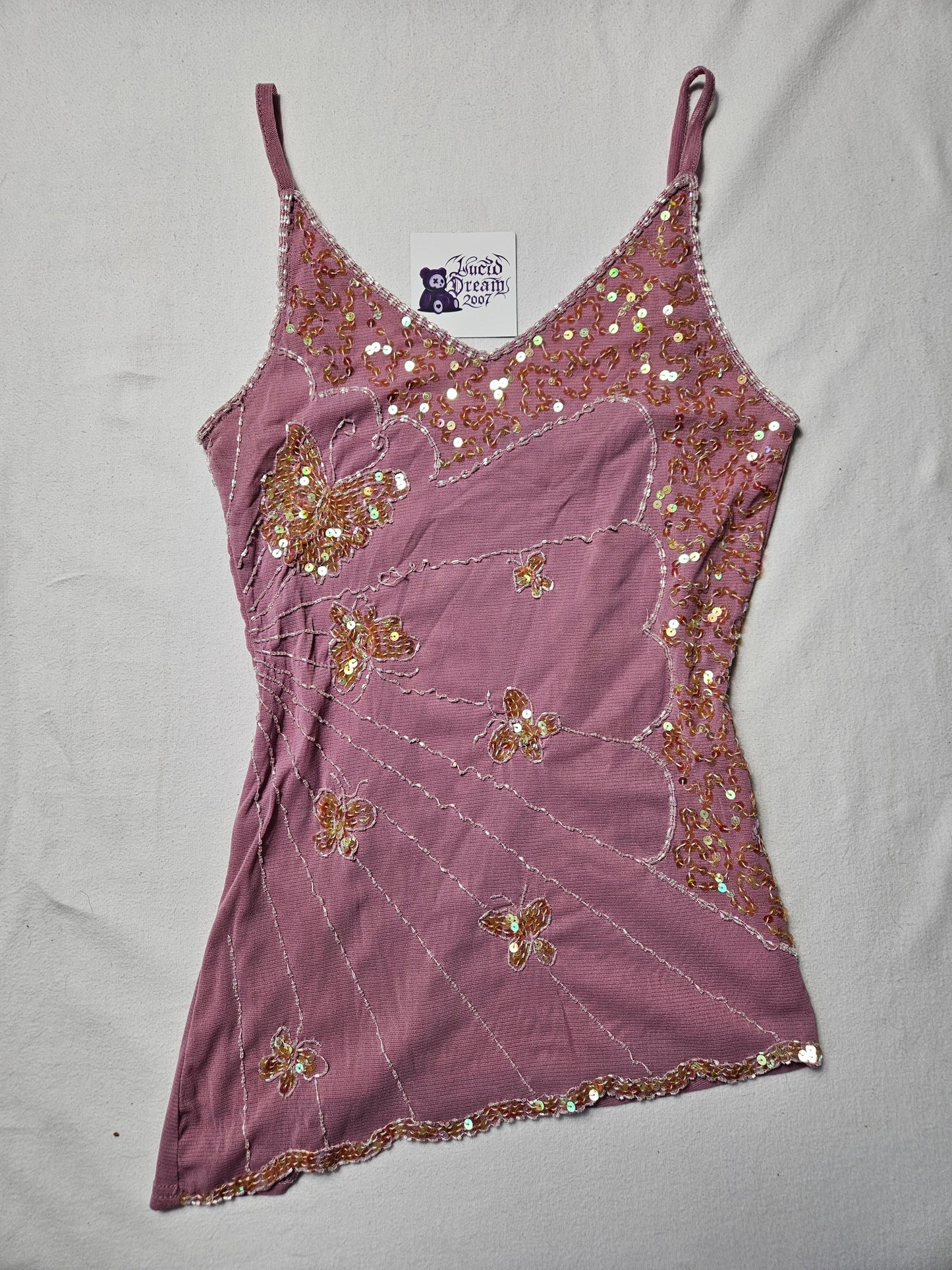 Haut en voile brodé rose motifs papillons