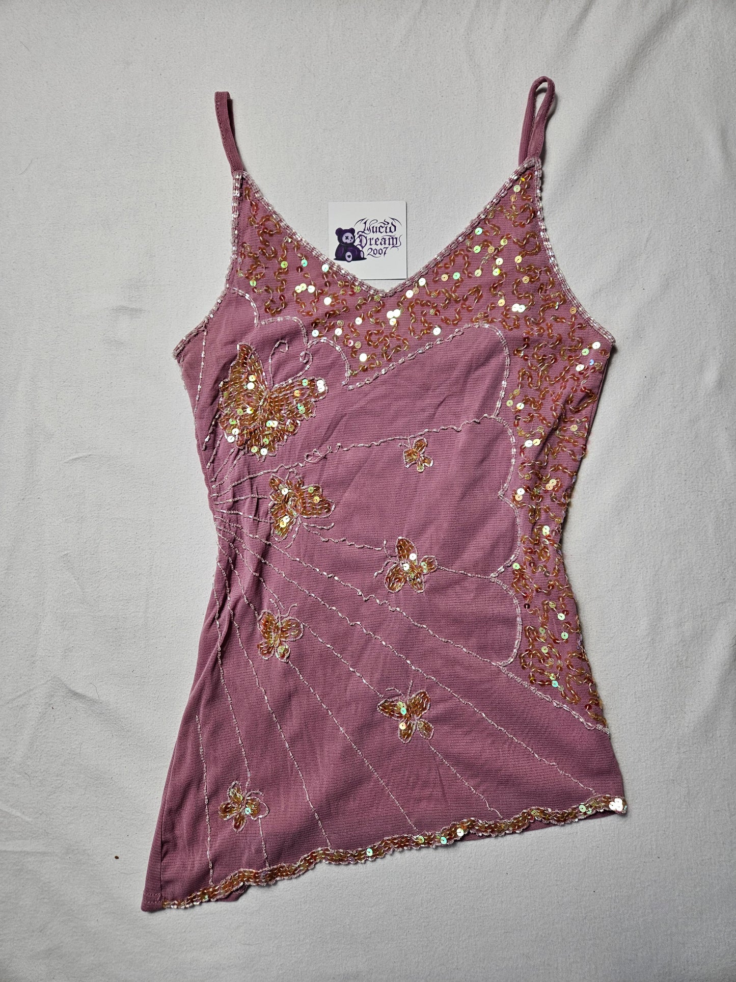 Haut en voile brodé rose motifs papillons