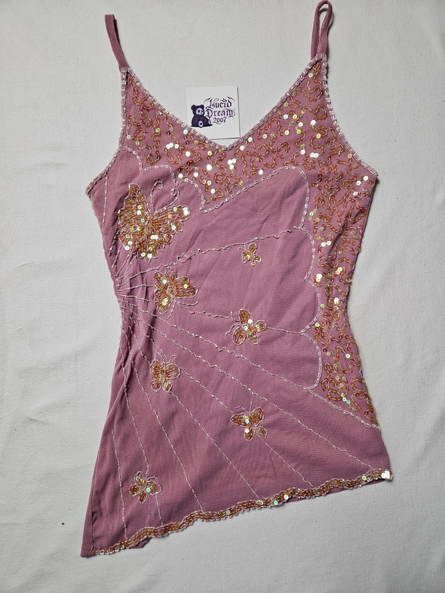 Haut en voile brodé rose motifs papillons