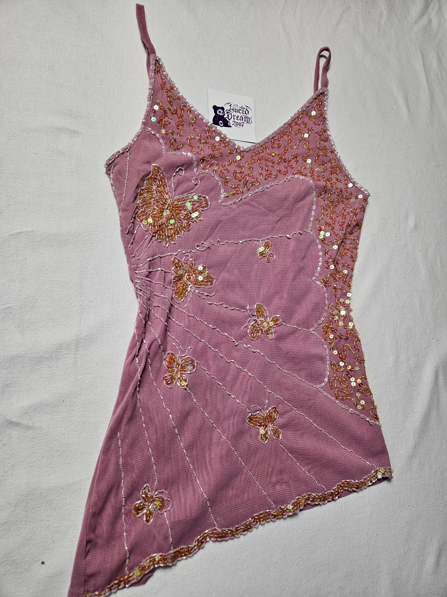 Haut en voile brodé rose motifs papillons