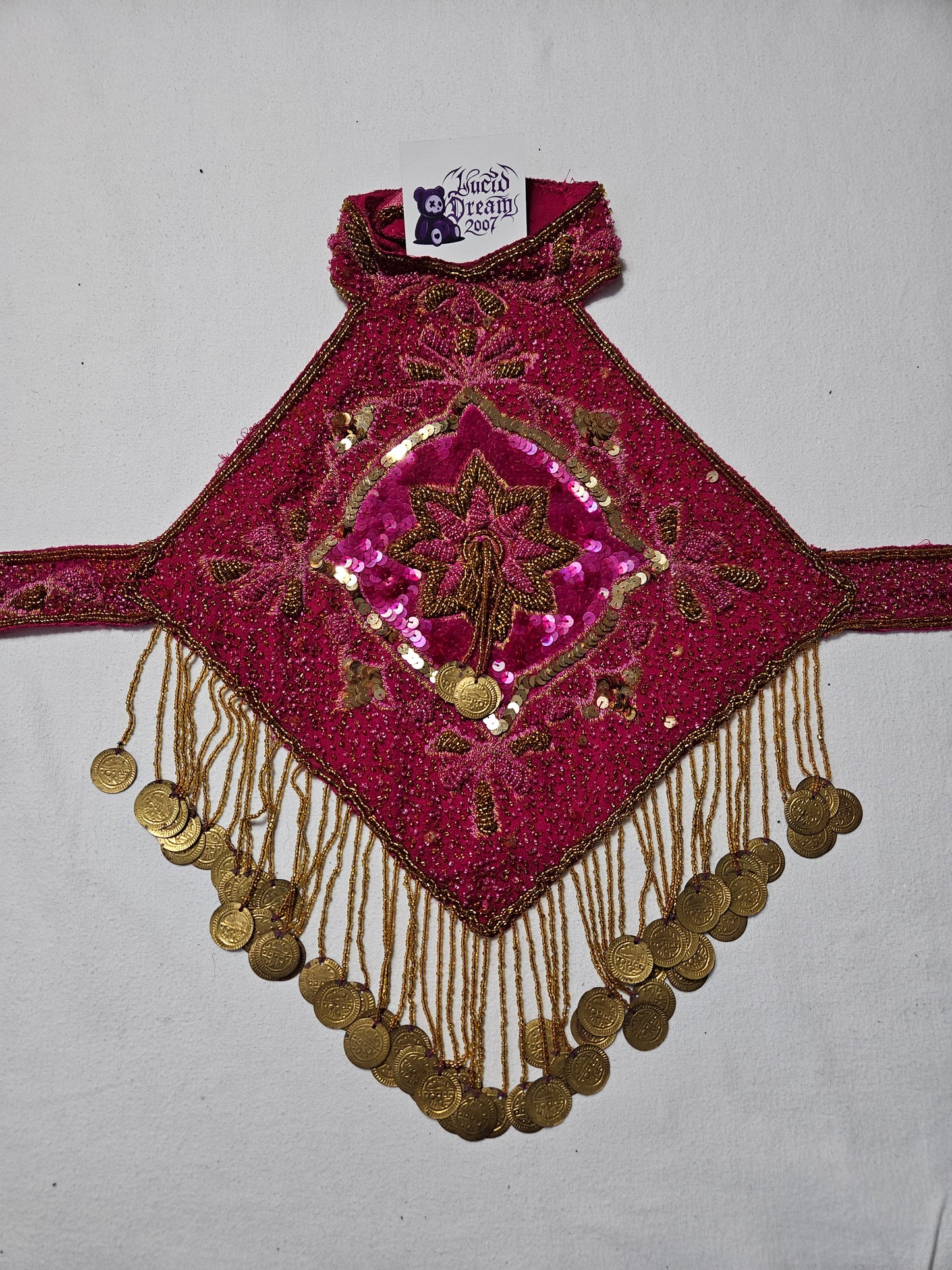Fuchsia and gold embroidered open-back