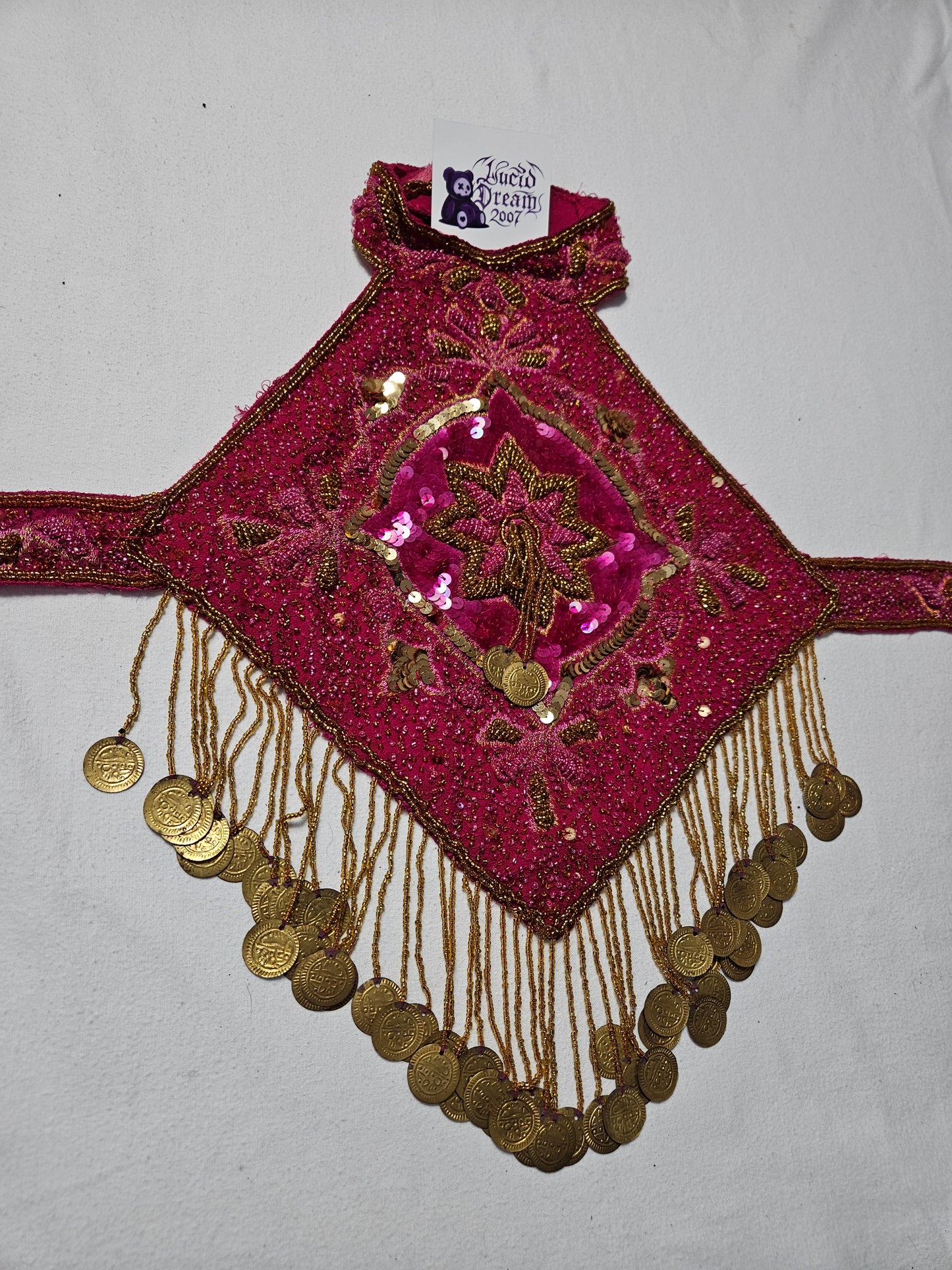 Fuchsia and gold embroidered open-back