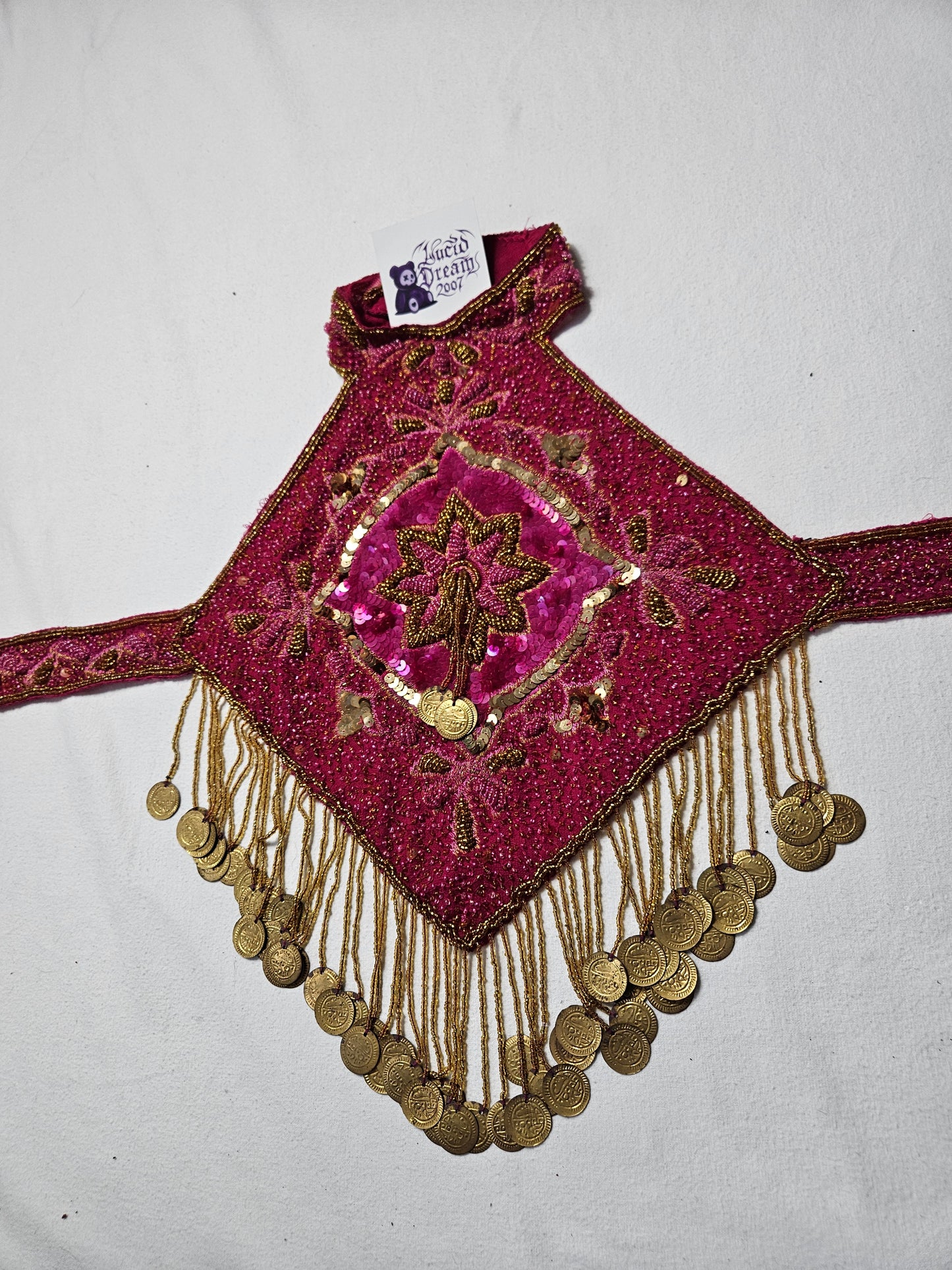Fuchsia and gold embroidered open-back