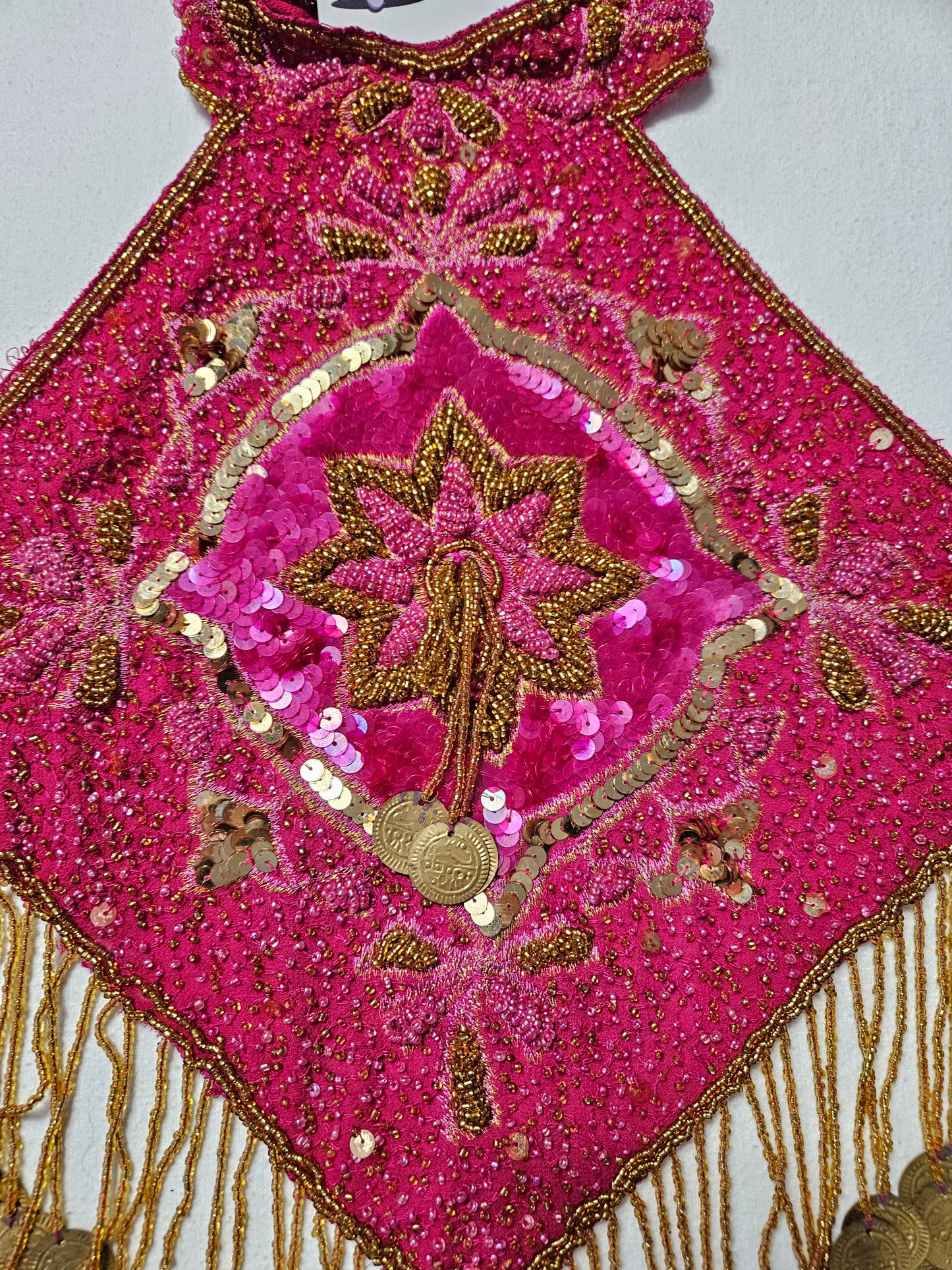 Fuchsia and gold embroidered open-back