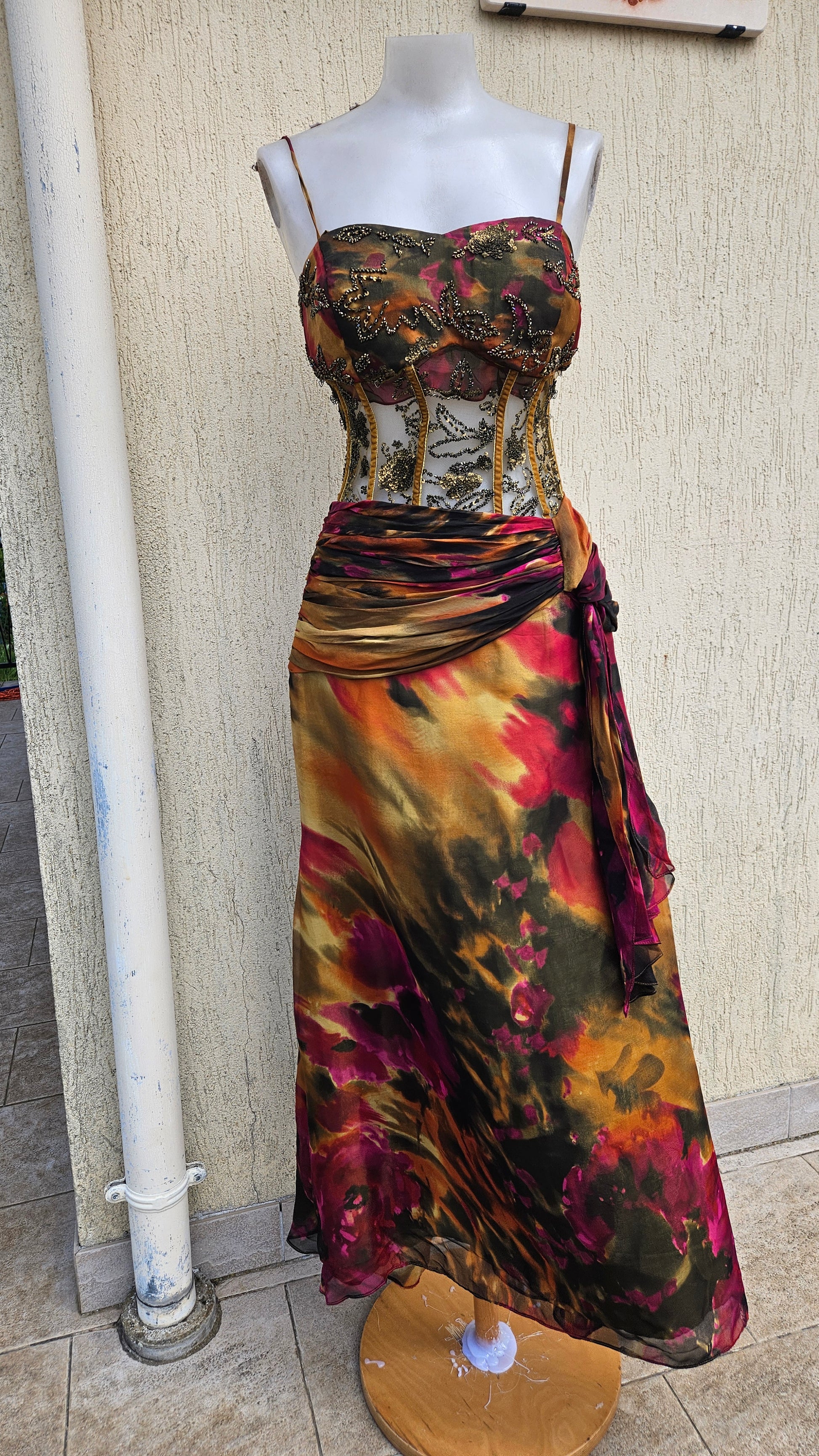 Vintage Y2K floral maxi dress. Sheer mesh corset bodice with gold embroidery & beadwork. Colorful abstract skirt with draped side tie. Ultimate fairy grunge look.