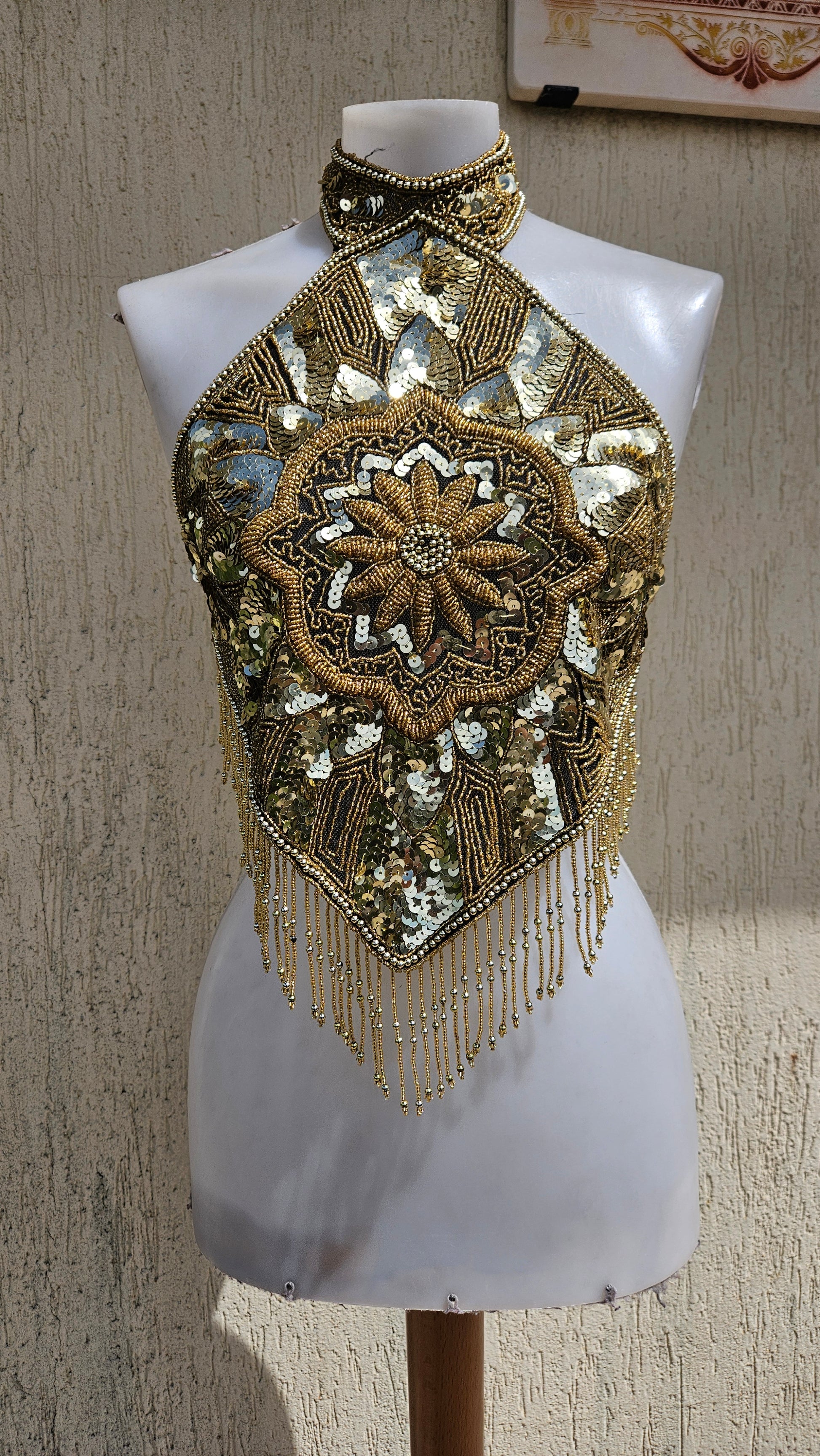 Vintage 90s/Y2K gold halter neck top. Intricate hand-beaded & shiny sequin diamond bodice with stunning mandala embroidery details and hanging beaded fringe. Rave glam.