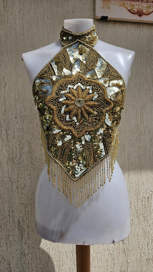 Vintage 90s/Y2K gold halter neck top. Intricate hand-beaded & shiny sequin diamond bodice with stunning mandala embroidery details and hanging beaded fringe. Rave glam.