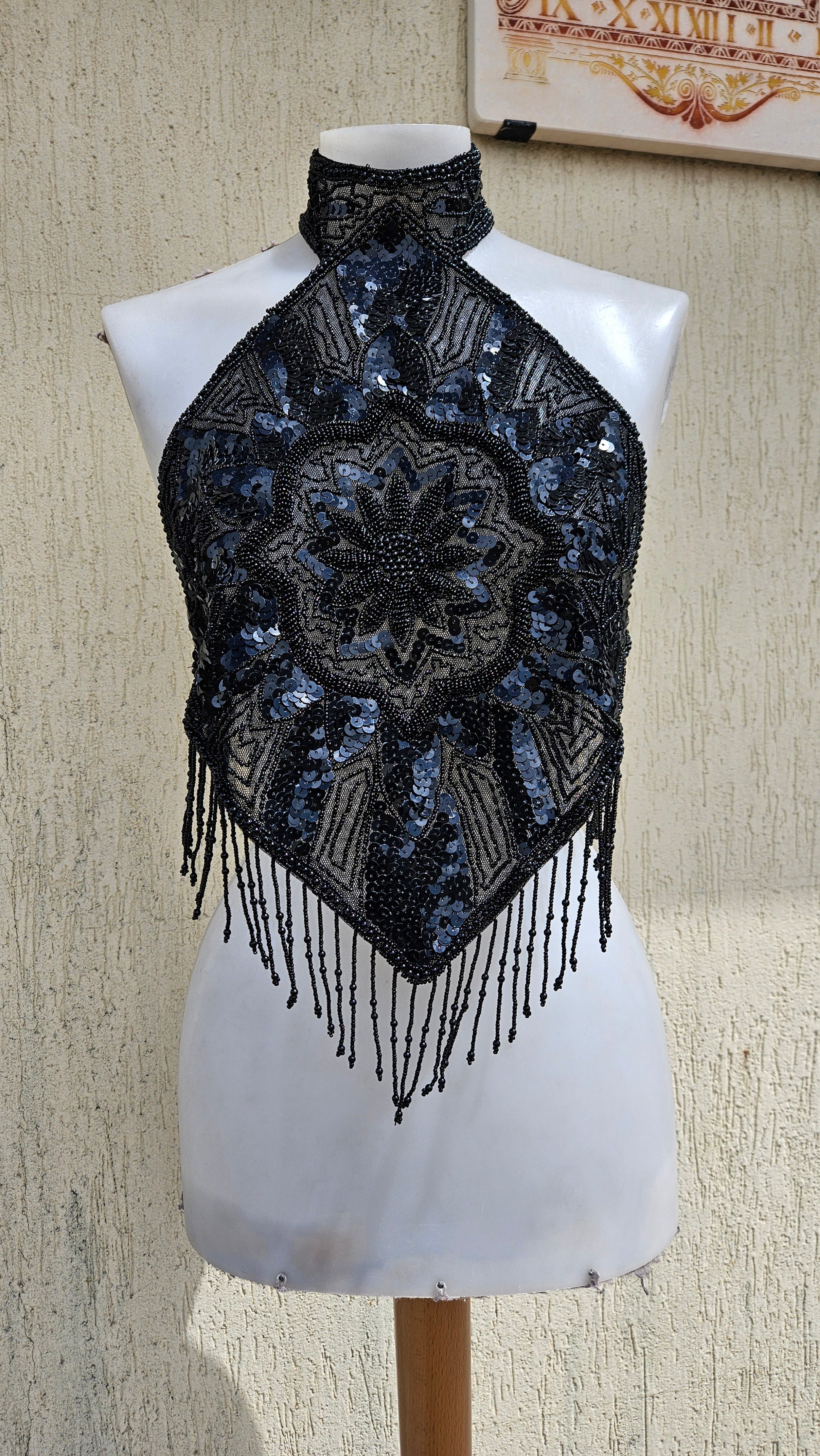 Vintage 90s/Y2K black halter neck top. Intricate hand-beaded & sequin diamond bodice with stunning mandala embroidery details and hanging beaded fringe. Goth rave glam.