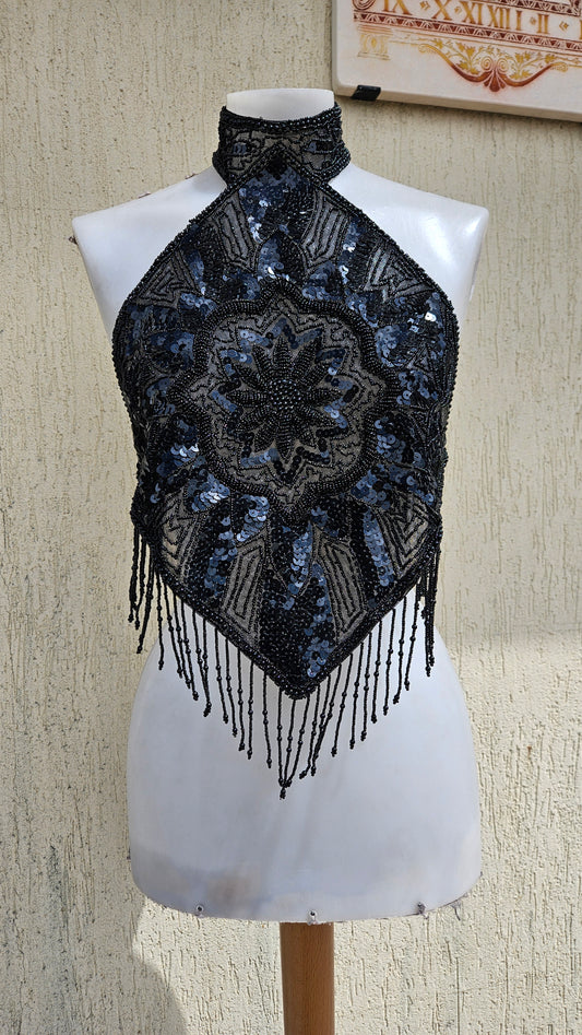 Vintage 90s/Y2K black halter neck top. Intricate hand-beaded & sequin diamond bodice with stunning mandala embroidery details and hanging beaded fringe. Goth rave glam.