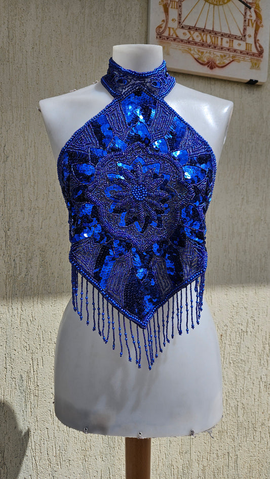 Vintage 90s/Y2K royal blue halter neck top. Hand-beaded & sequin diamond bodice with stunning mandala embroidery details and hanging beaded fringe. Rave cyber glam.