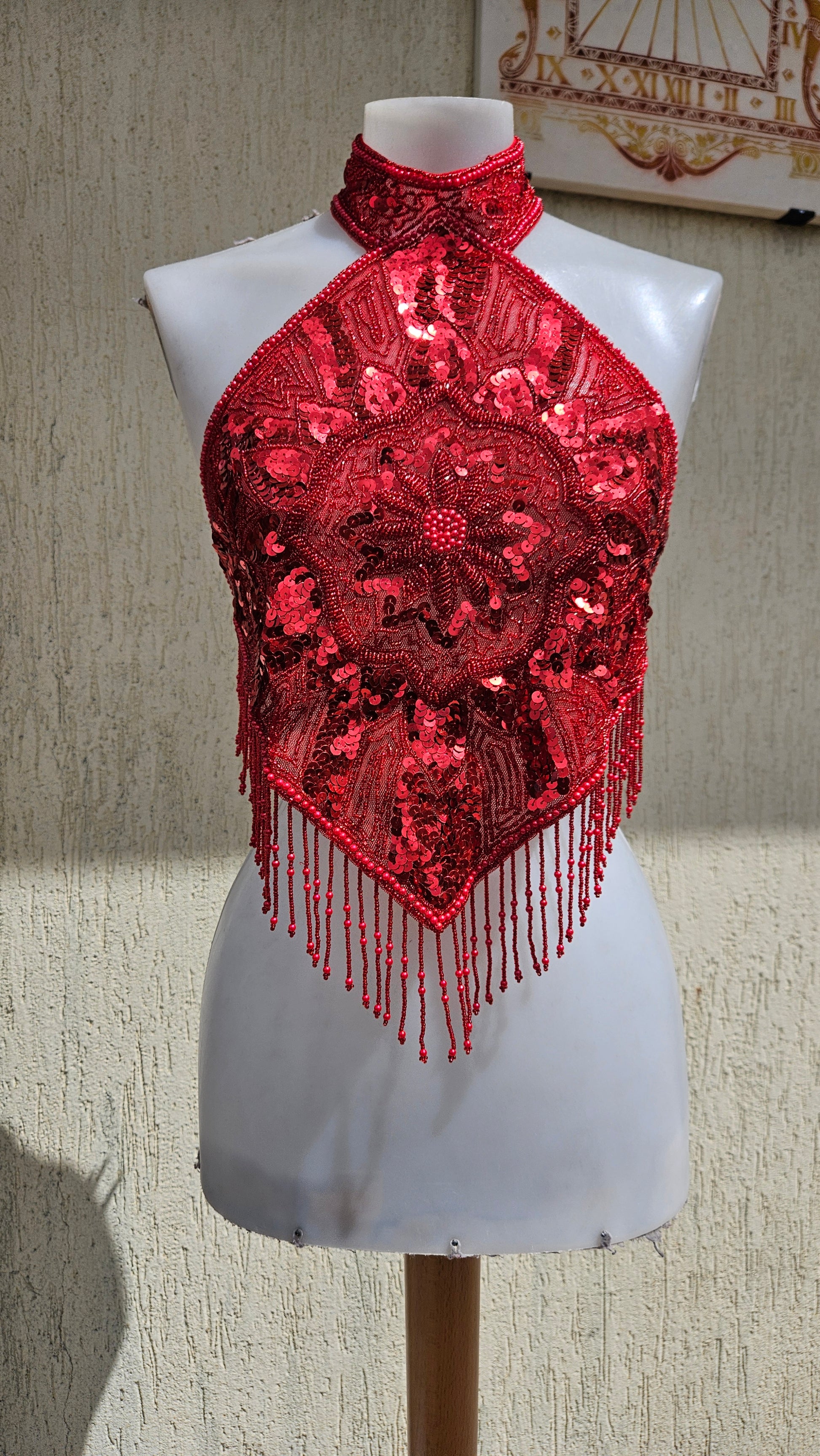Vintage 90s/Y2K cherry red halter neck top. Fully hand-beaded & sequin diamond bodice with intricate floral mandala details and hanging beaded fringe. Rave glam.