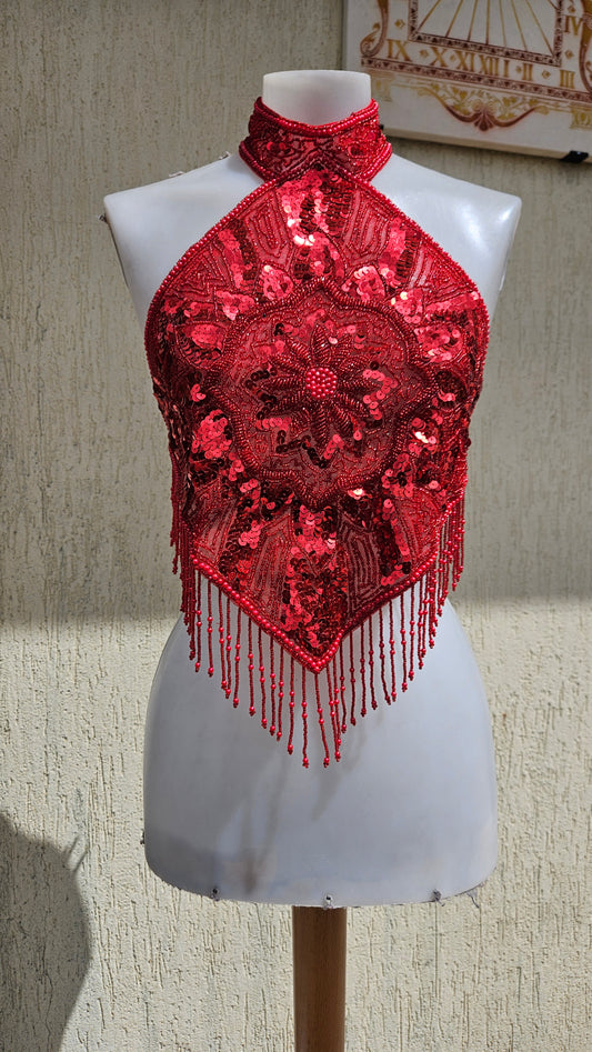 Vintage 90s/Y2K cherry red halter neck top. Fully hand-beaded & sequin diamond bodice with intricate floral mandala details and hanging beaded fringe. Rave glam.