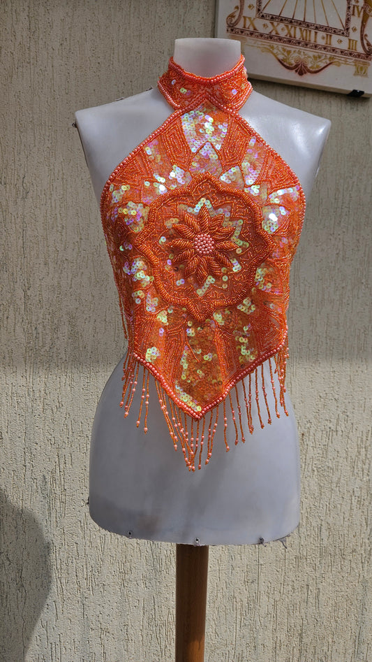 Vintage 90s/Y2K neon orange halter neck top. Hand-beaded & iridescent sequin diamond bodice, flower mandala embroidery and delicate beaded fringe. Rave glam.