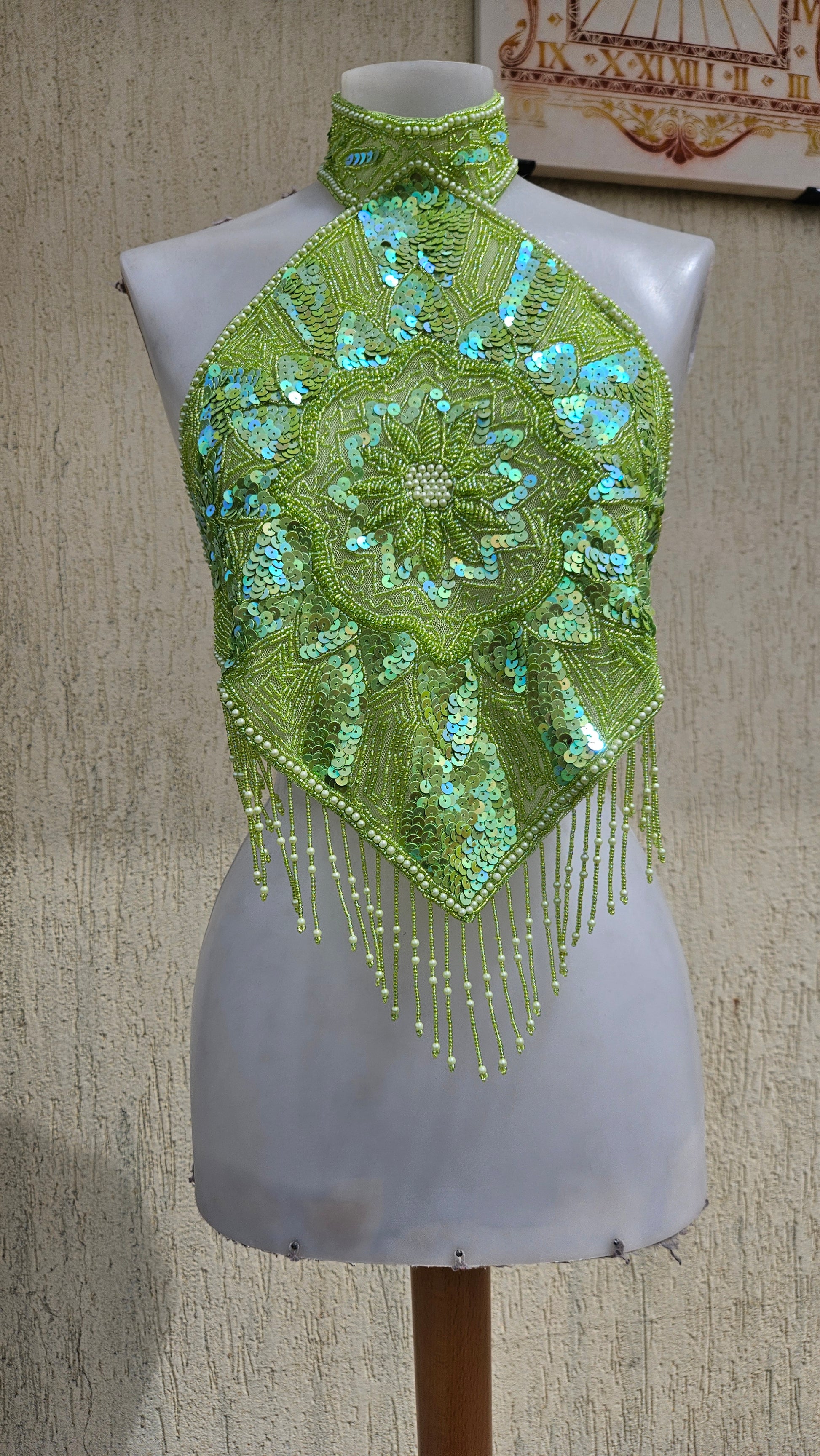 Vintage 90s/Y2K lime green halter neck top. Hand-beaded & iridescent sequin diamond bodice, flower mandala embroidery and long beaded fringe. Rave fairy glam.
