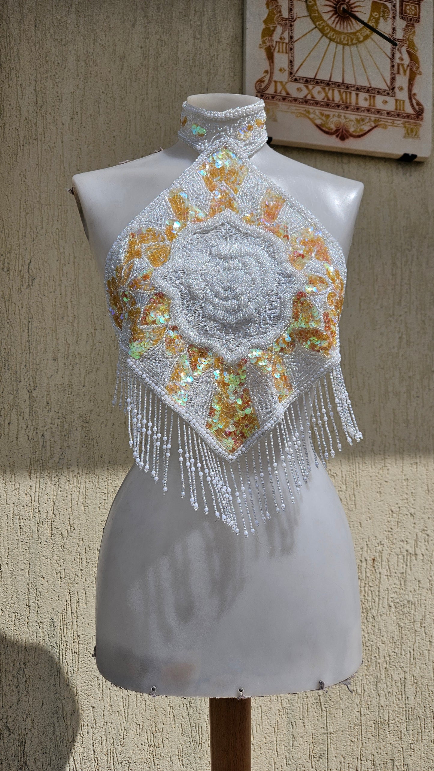 Vintage 90s/Y2K white halter neck top. Hand-beaded & iridescent gold sequin diamond bodice with rose mandala details & beaded fringe. Rave princess glam.