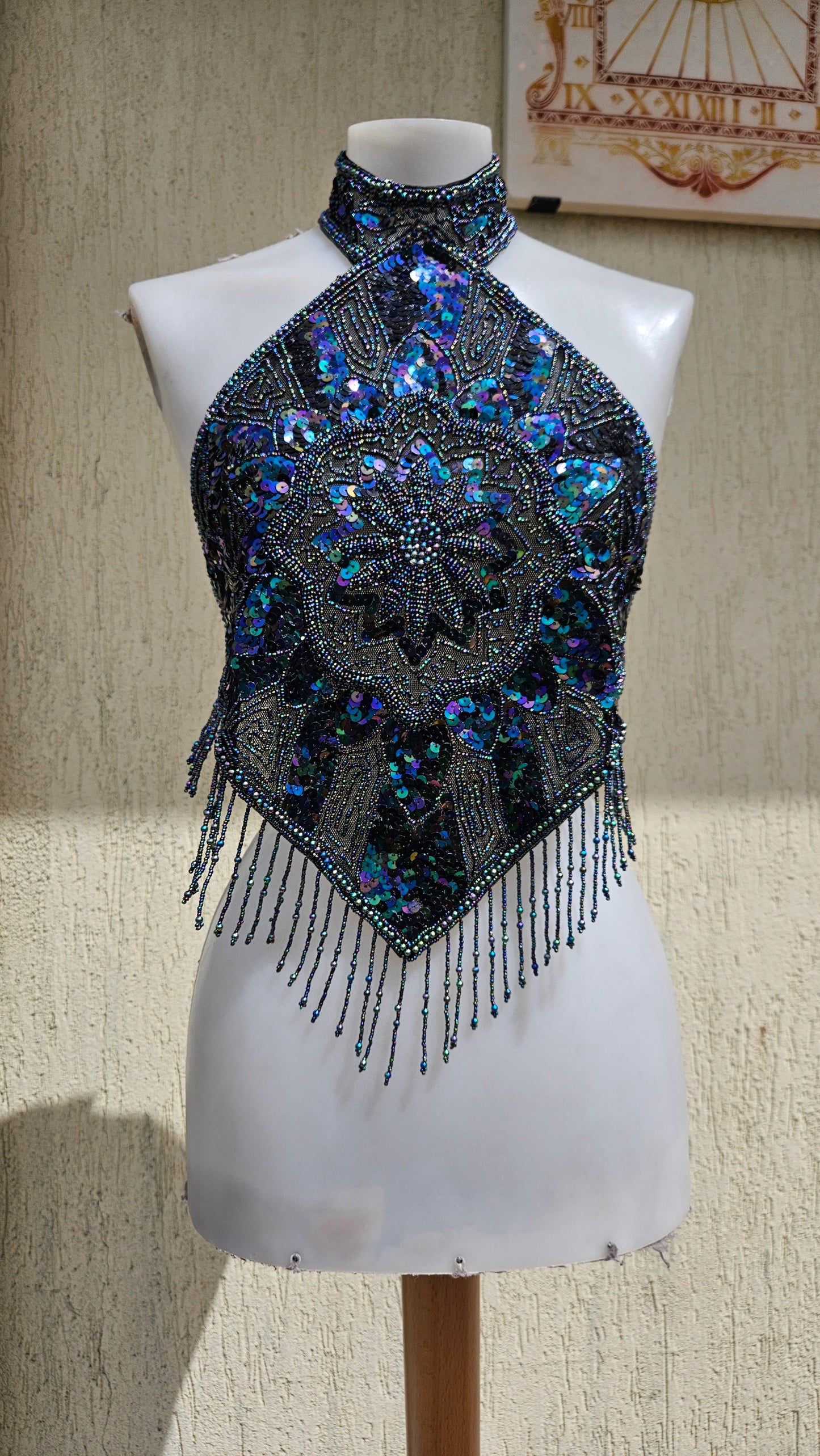 Vintage 90s/Y2K vibrant orange halter top. Hand-beaded & iridescent sequin diamond bodice with mandala embroidery and beaded fringe. Perfect festival rave glam.