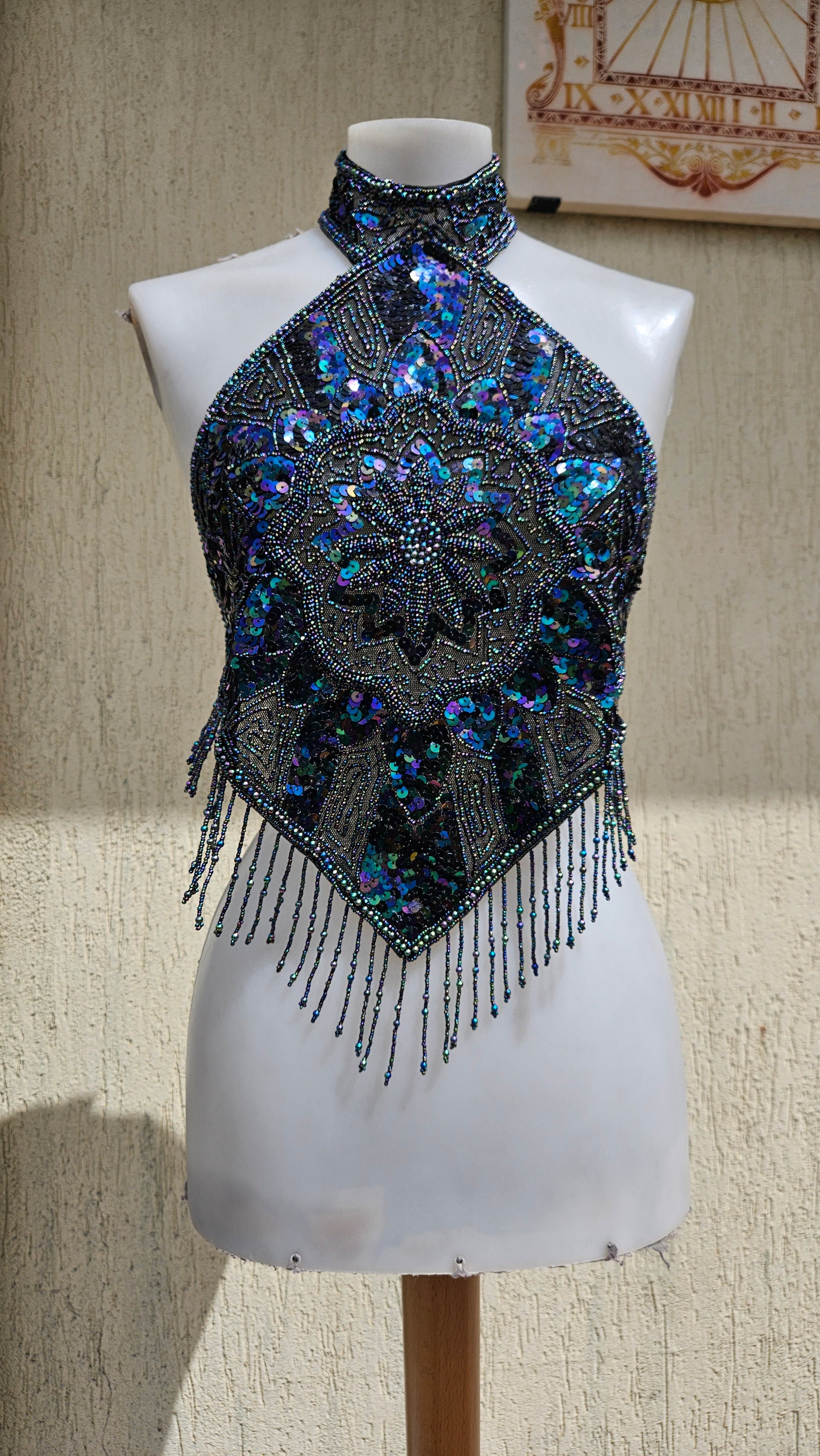 Vintage 90s/Y2K vibrant orange halter top. Hand-beaded & iridescent sequin diamond bodice with mandala embroidery and beaded fringe. Perfect festival rave glam.