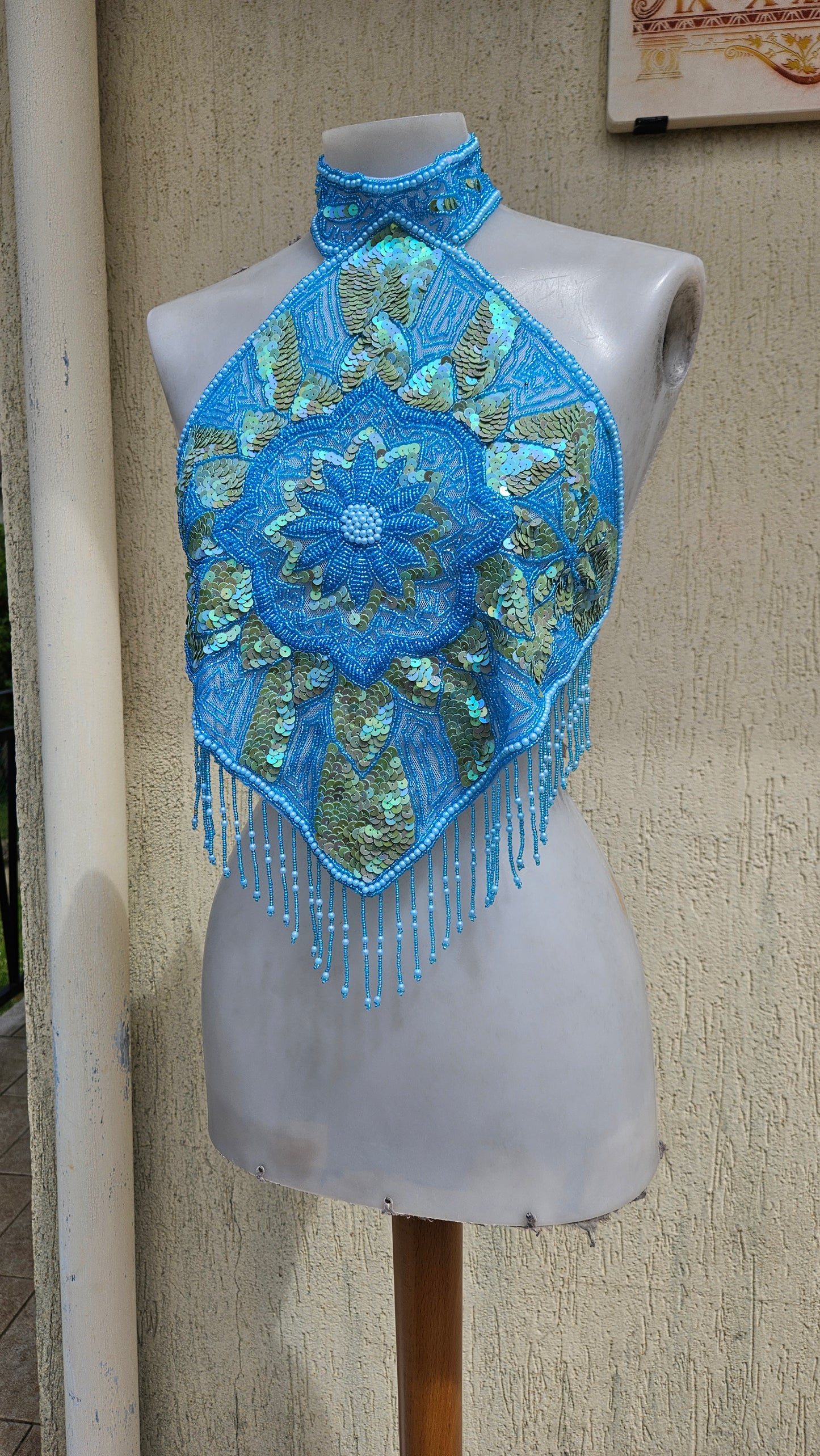 Espalda desnuda bordada en azul y dorado