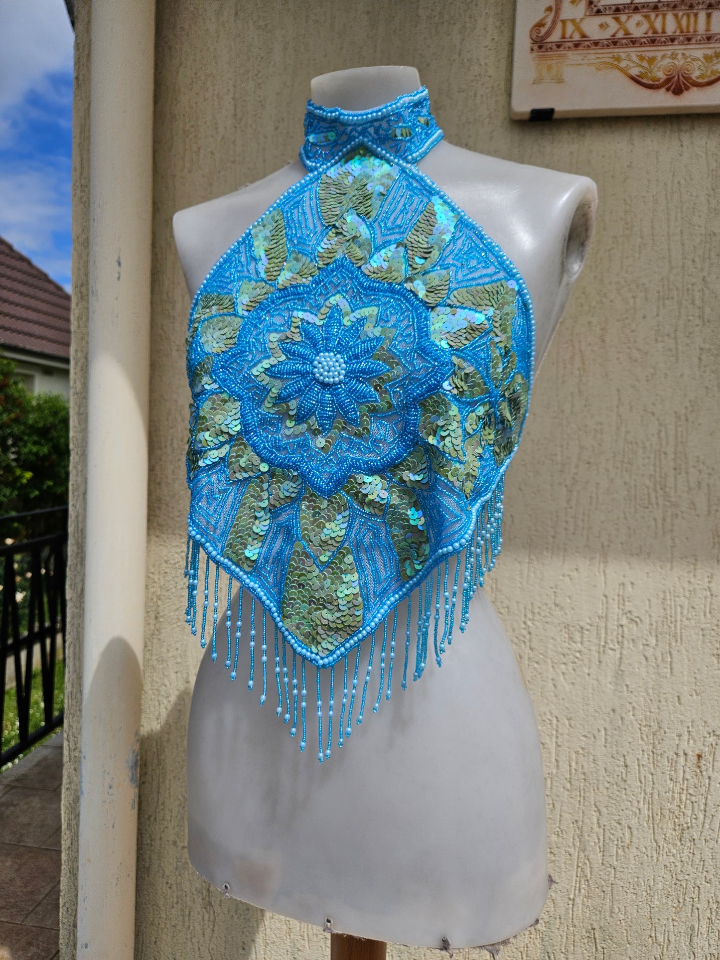 Espalda desnuda bordada en azul y dorado