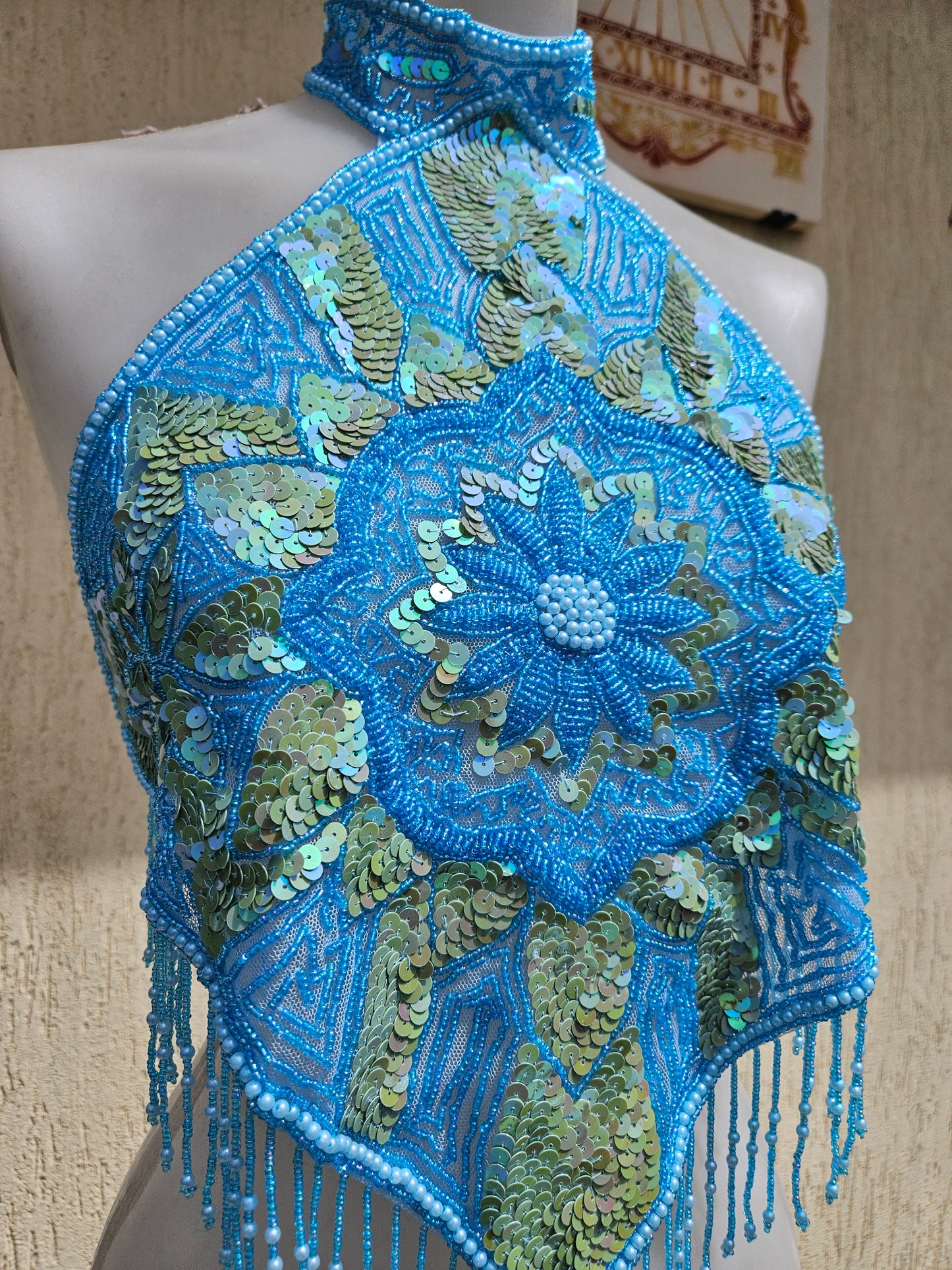 Espalda desnuda bordada en azul y dorado
