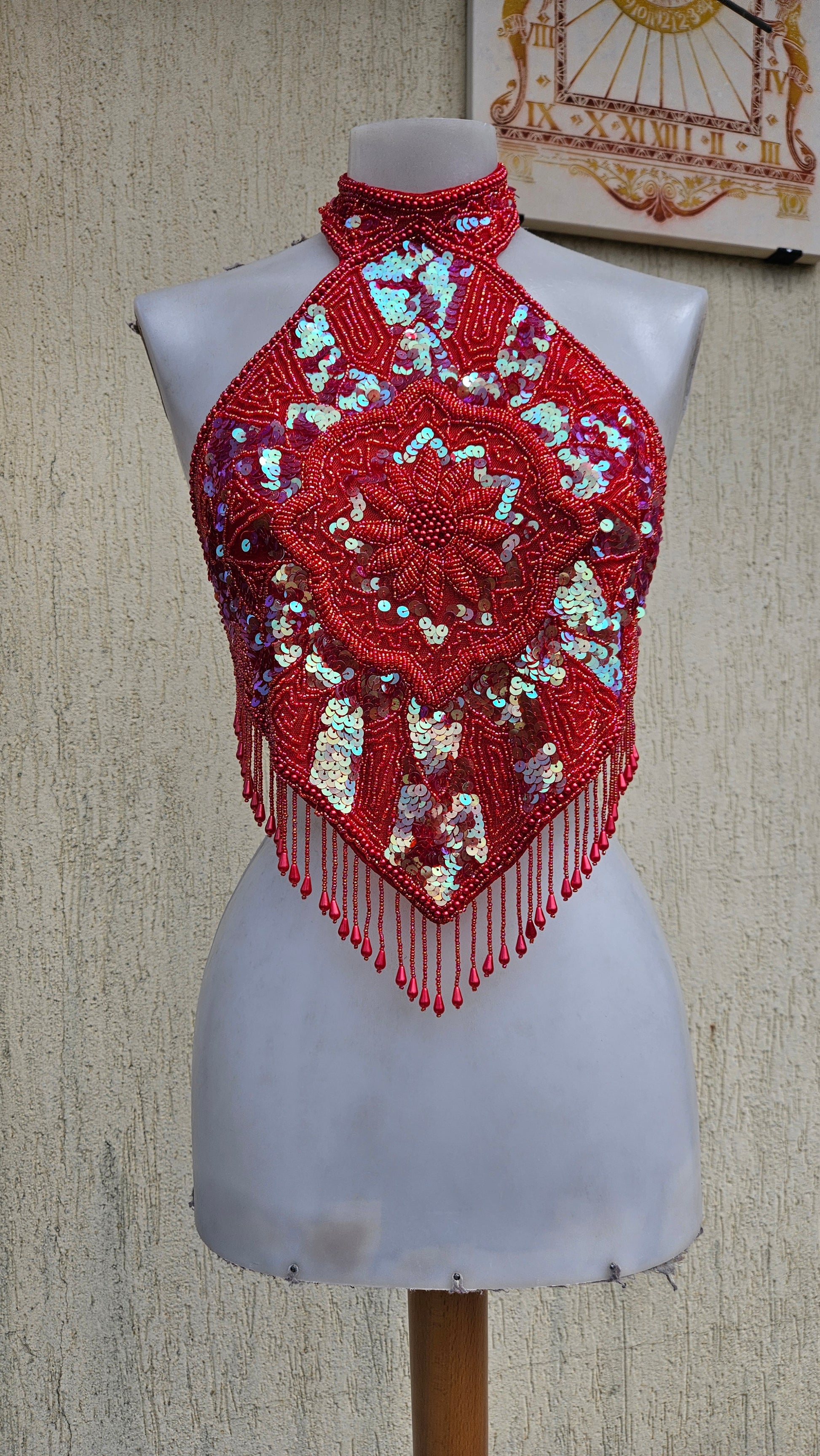 Vintage 90s/Y2K red halter neck top. Intricate hand-beaded & iridescent sequin diamond bodice with mandala embroidery and beaded teardrop fringe. Rare rave glam.