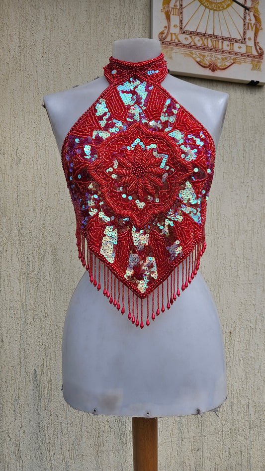 Vintage 90s/Y2K red halter neck top. Intricate hand-beaded & iridescent sequin diamond bodice with mandala embroidery and beaded teardrop fringe. Rare rave glam.