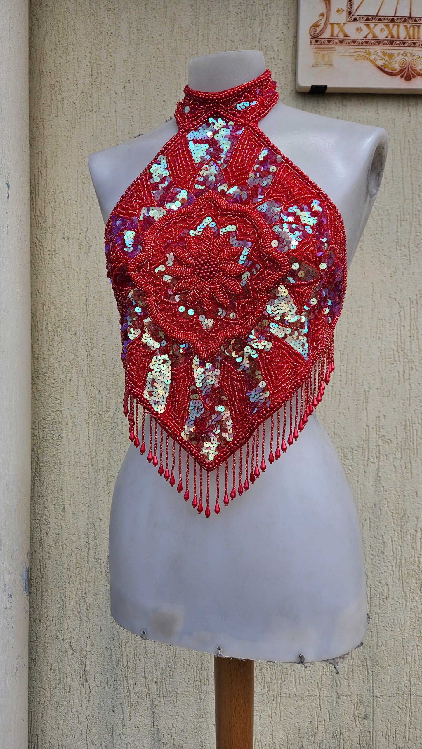 Espalda desnuda bordada en rojo y dorado