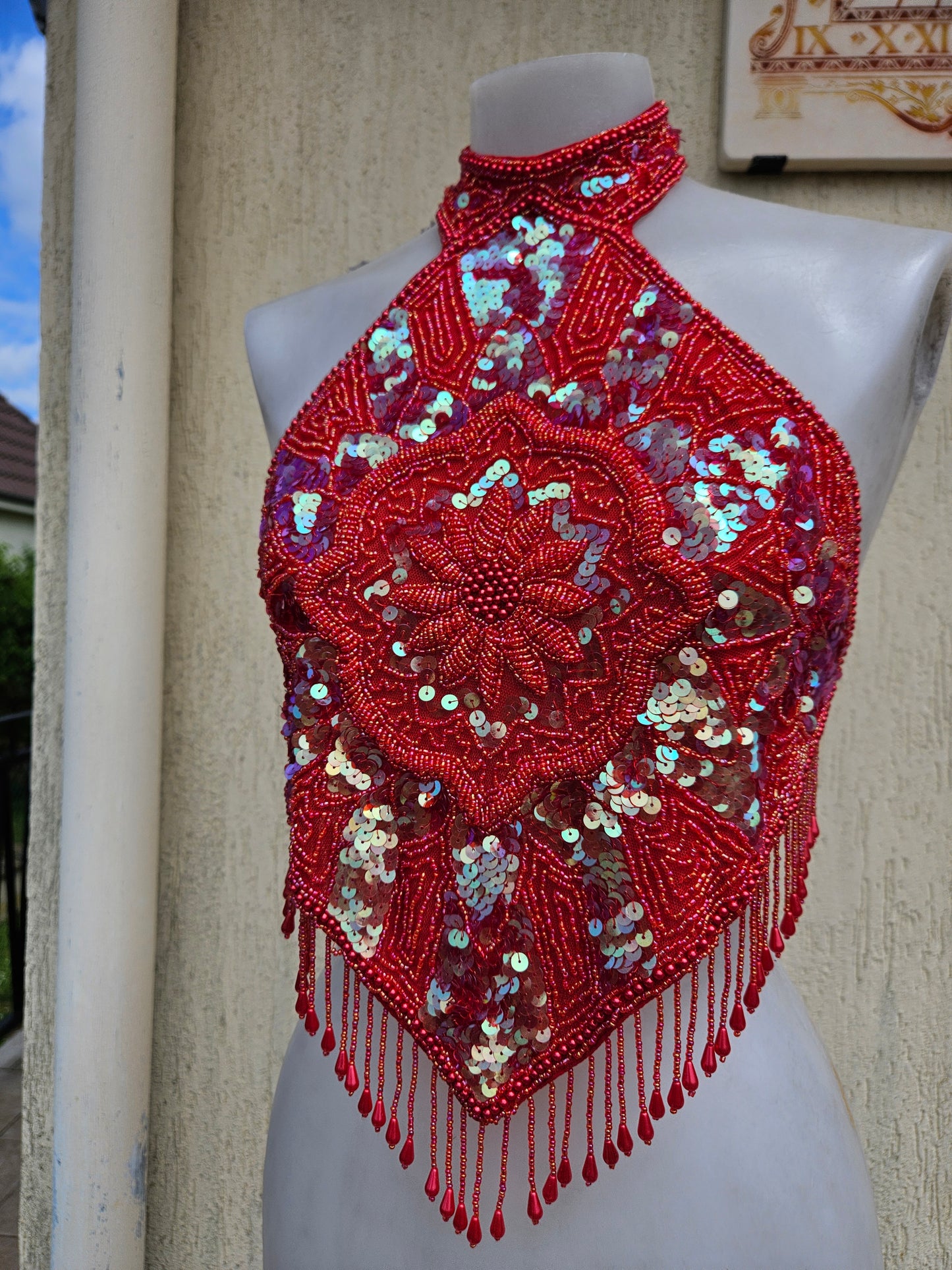 Espalda desnuda bordada en rojo y dorado