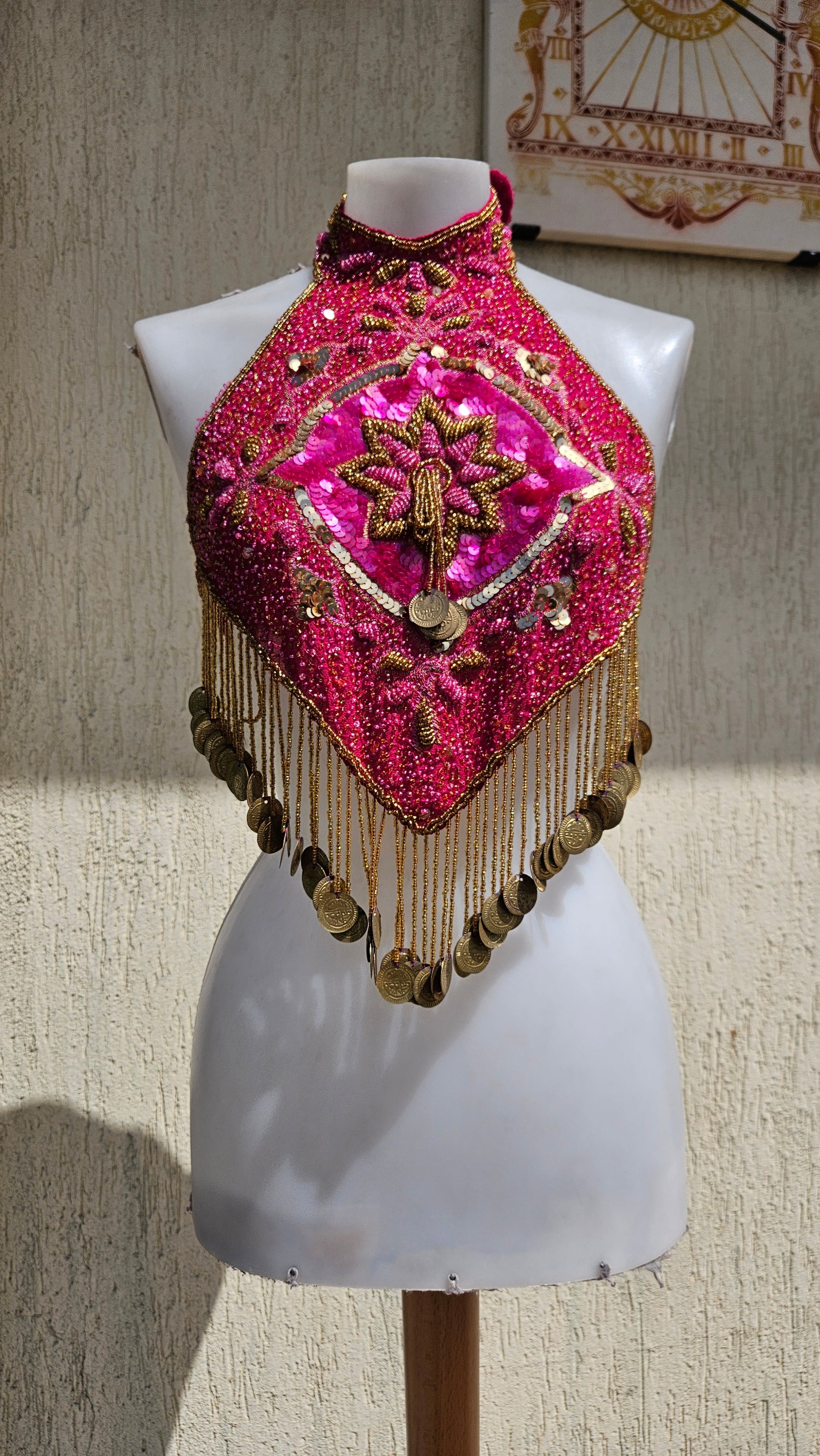 Vintage 90s/Y2K hot pink halter neck top. Heavily beaded & sequined diamond bodice with gold star embroidery, hanging fringe & coins. Ultimate festival rave glam.