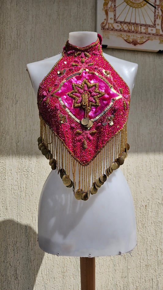 Vintage 90s/Y2K hot pink halter neck top. Heavily beaded & sequined diamond bodice with gold star embroidery, hanging fringe & coins. Ultimate festival rave glam.