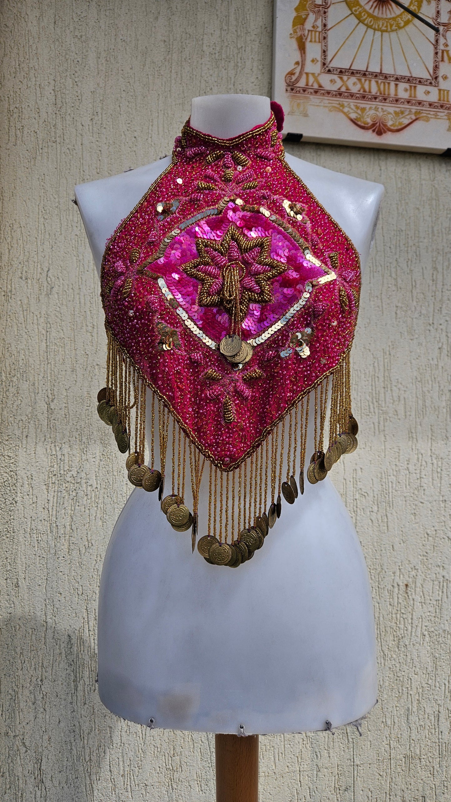 Fuchsia and gold embroidered open-back