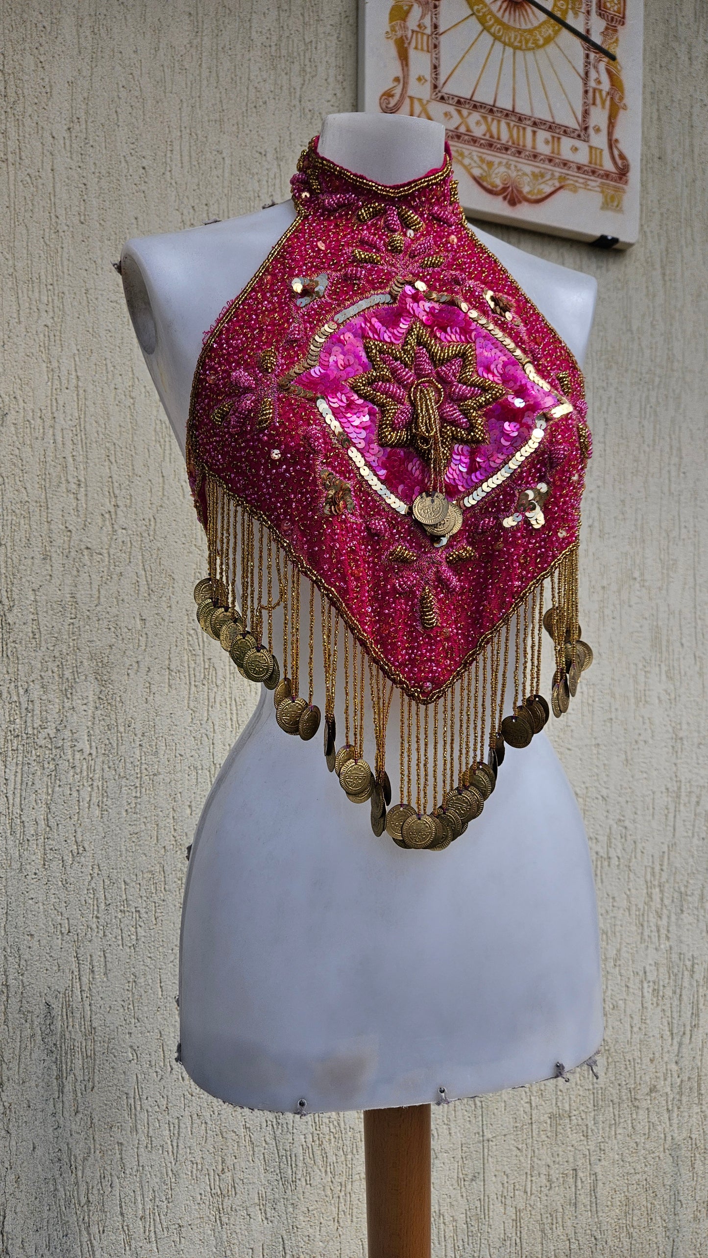 Fuchsia and gold embroidered open-back