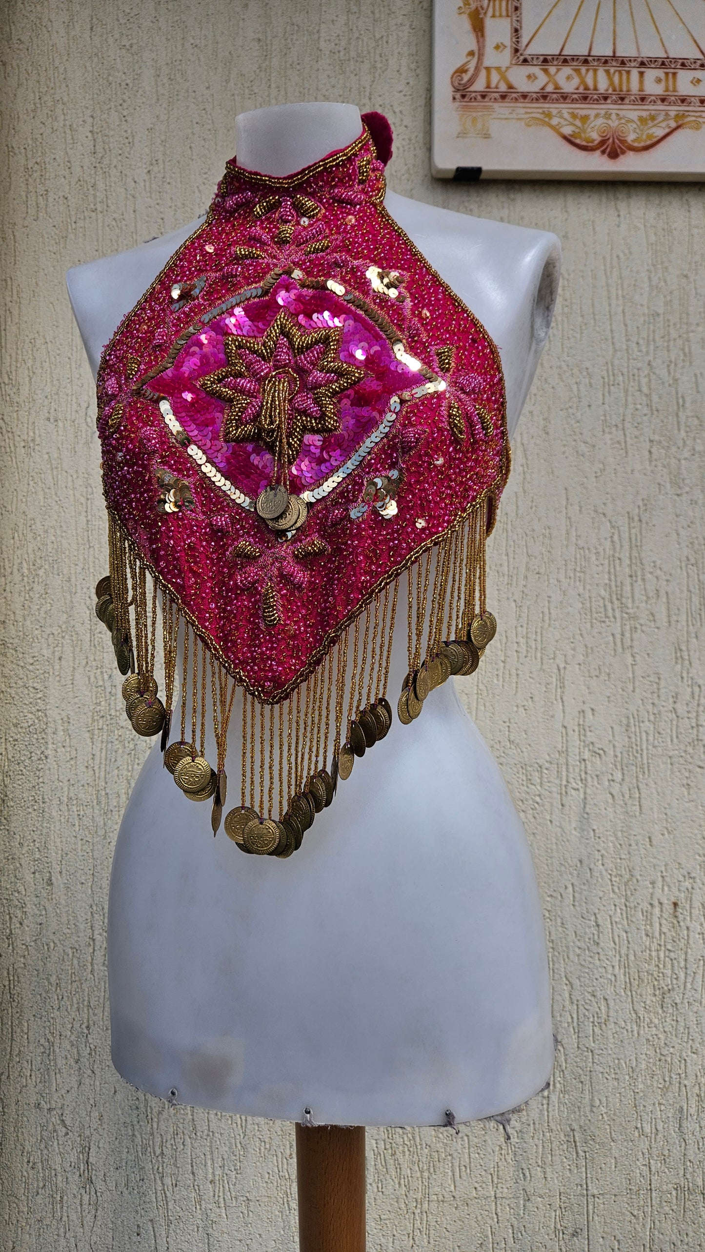Fuchsia and gold embroidered open-back