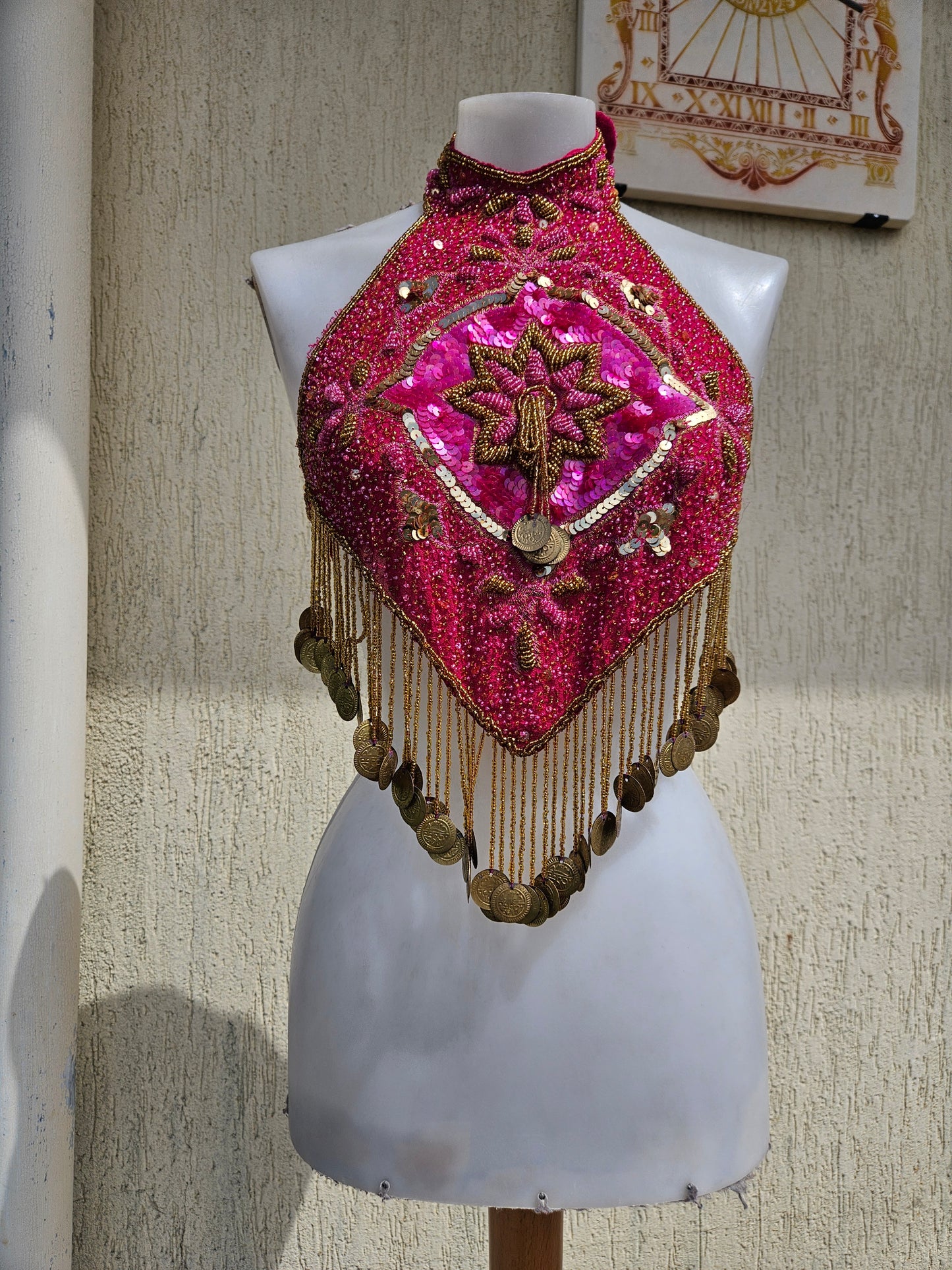 Fuchsia and gold embroidered open-back