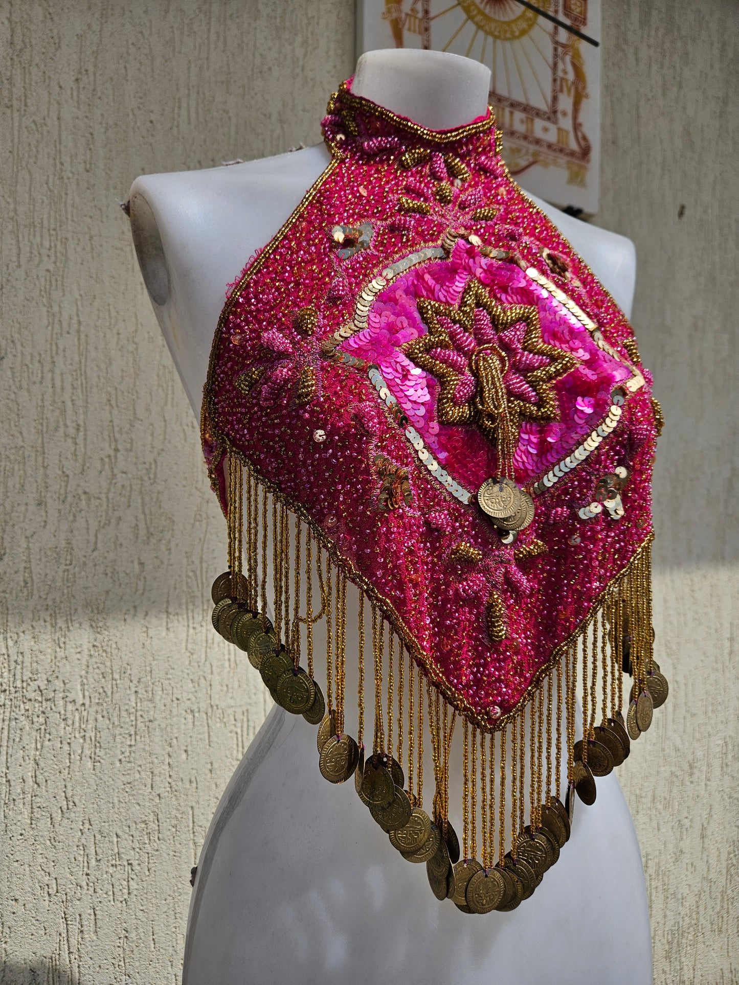 Fuchsia and gold embroidered open-back