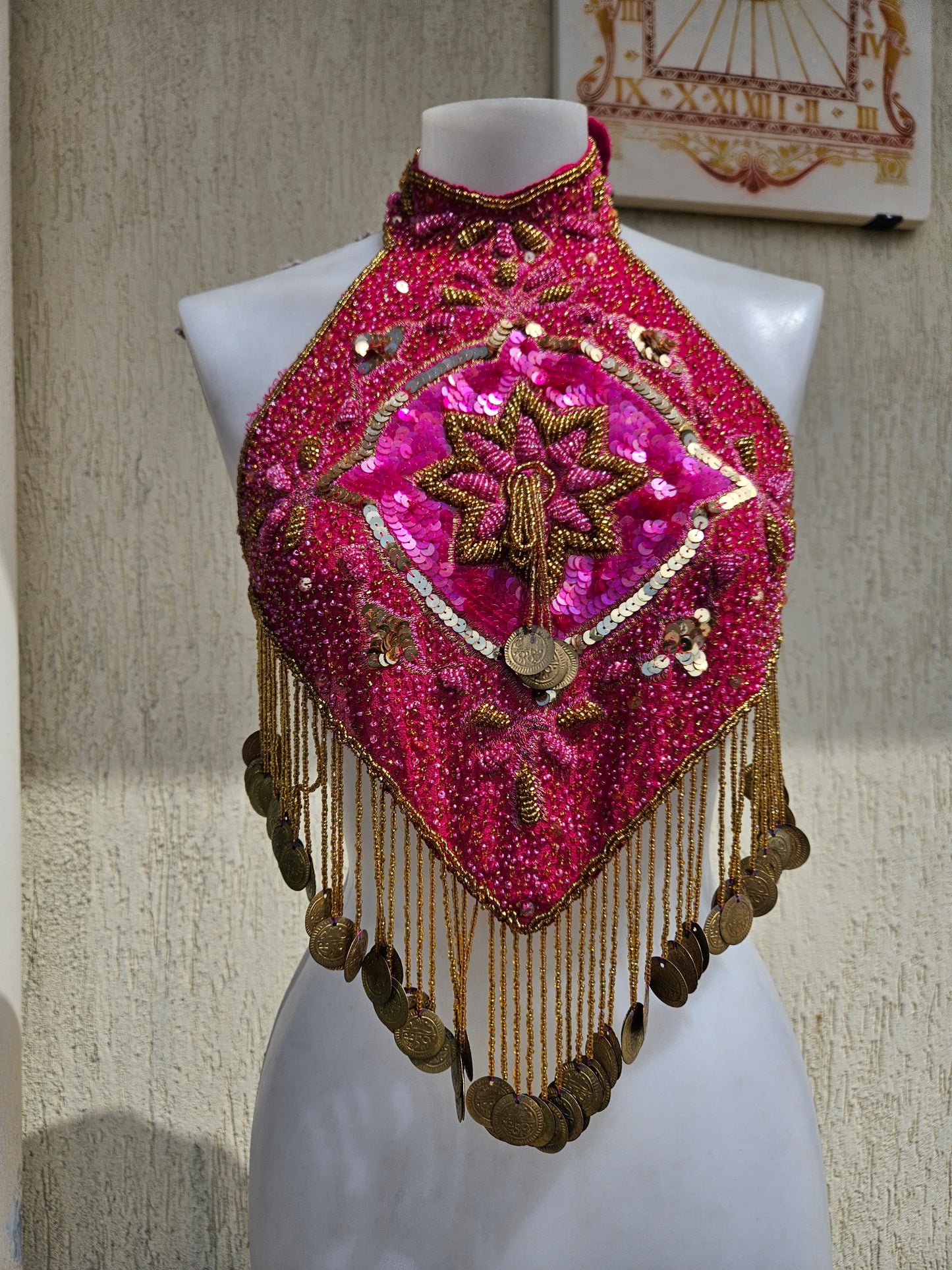 Fuchsia and gold embroidered open-back