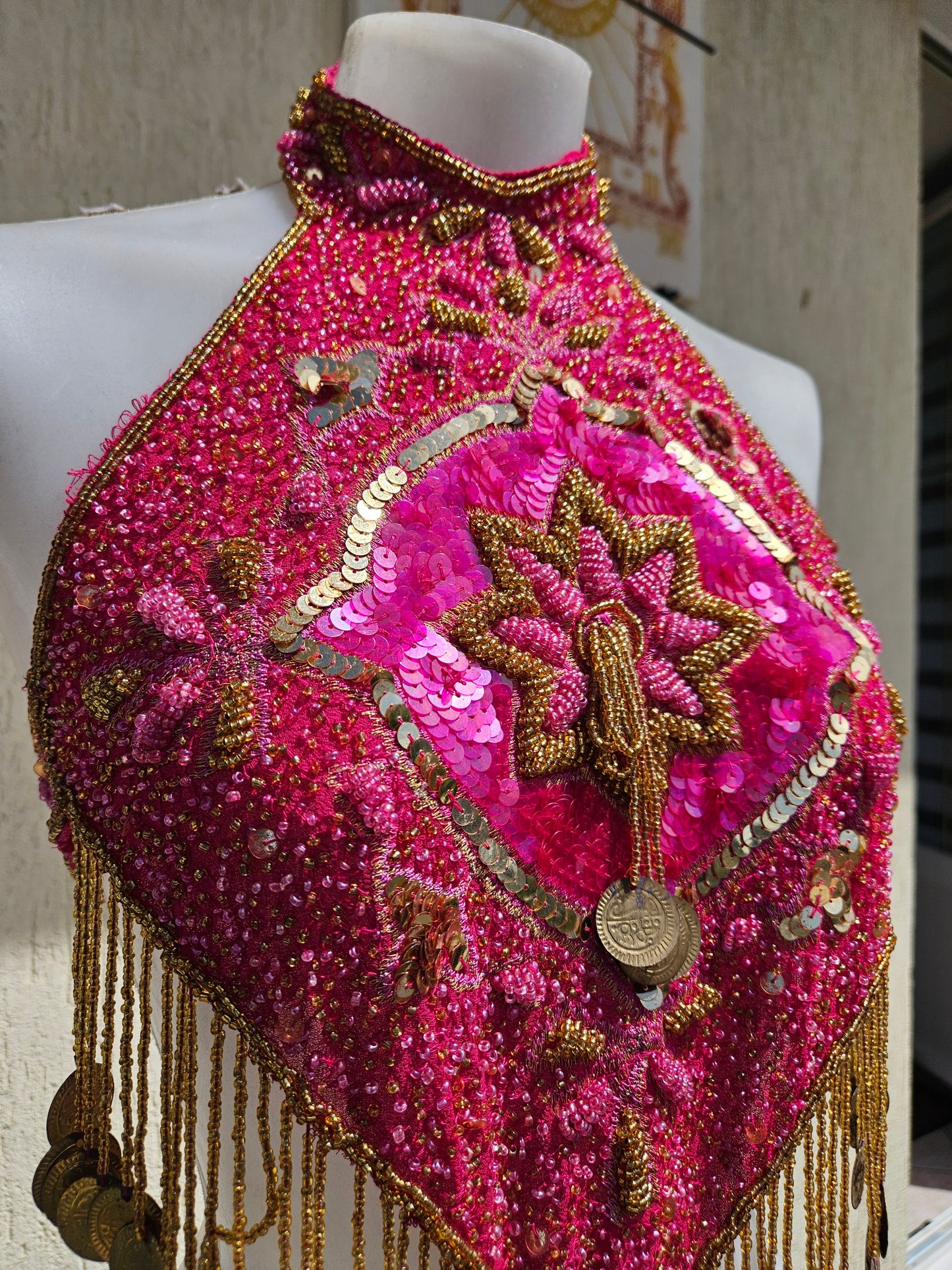Fuchsia and gold embroidered open-back
