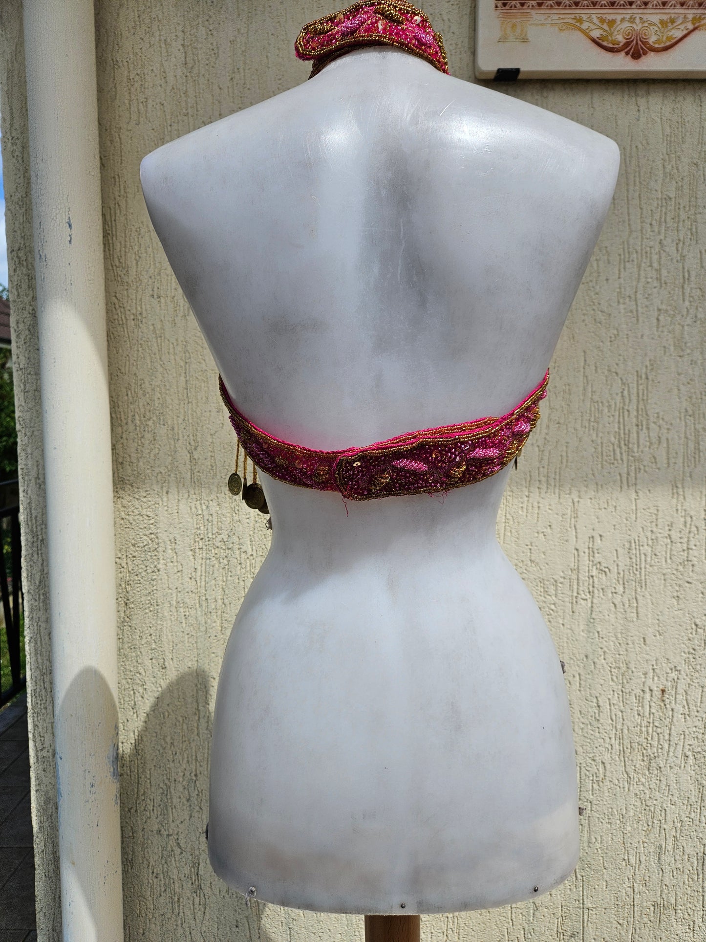 Fuchsia and gold embroidered open-back