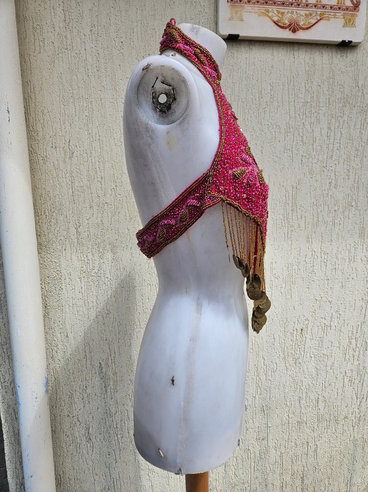 Fuchsia and gold embroidered open-back